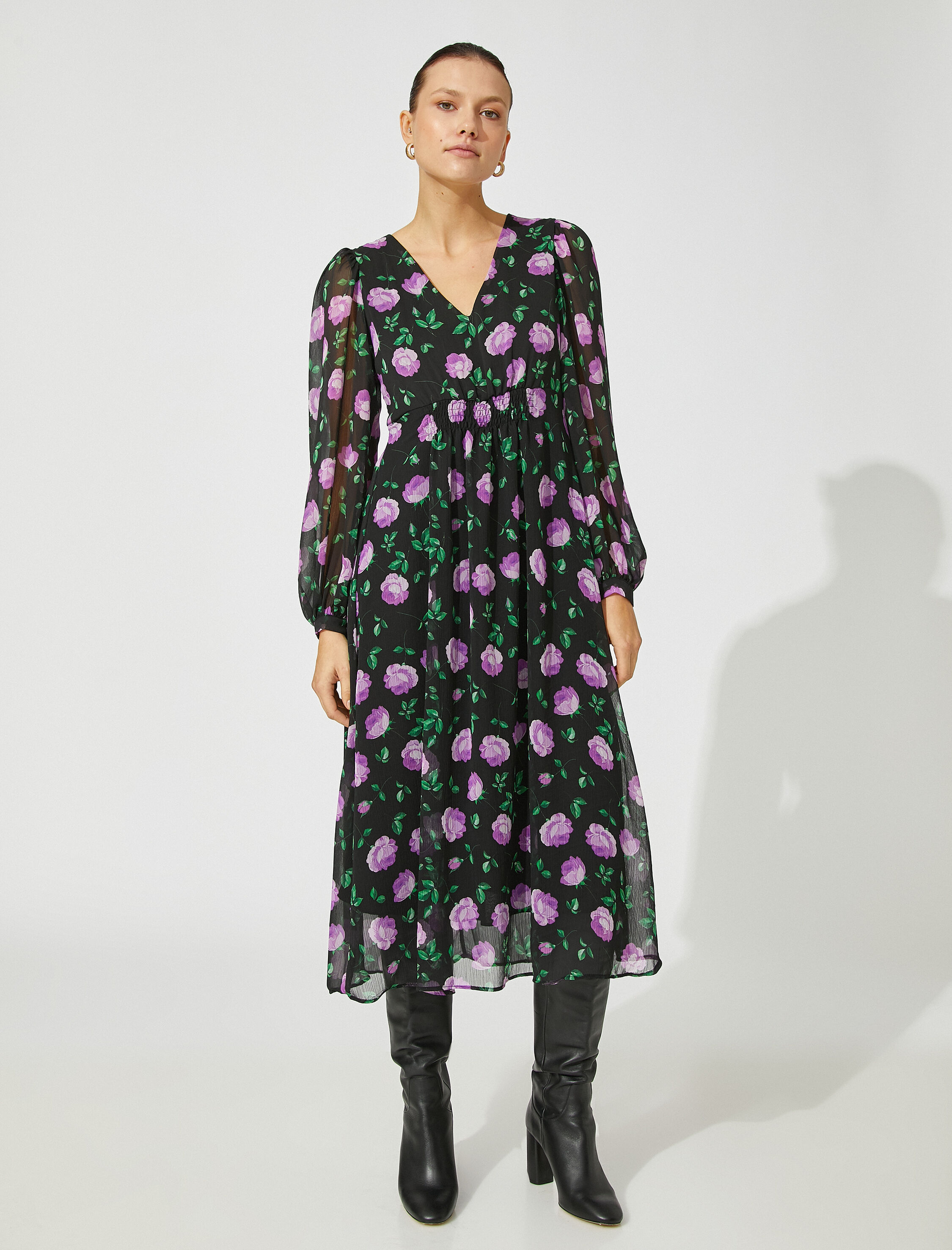   Çiçekli Uzun Elbise Balon Kollu