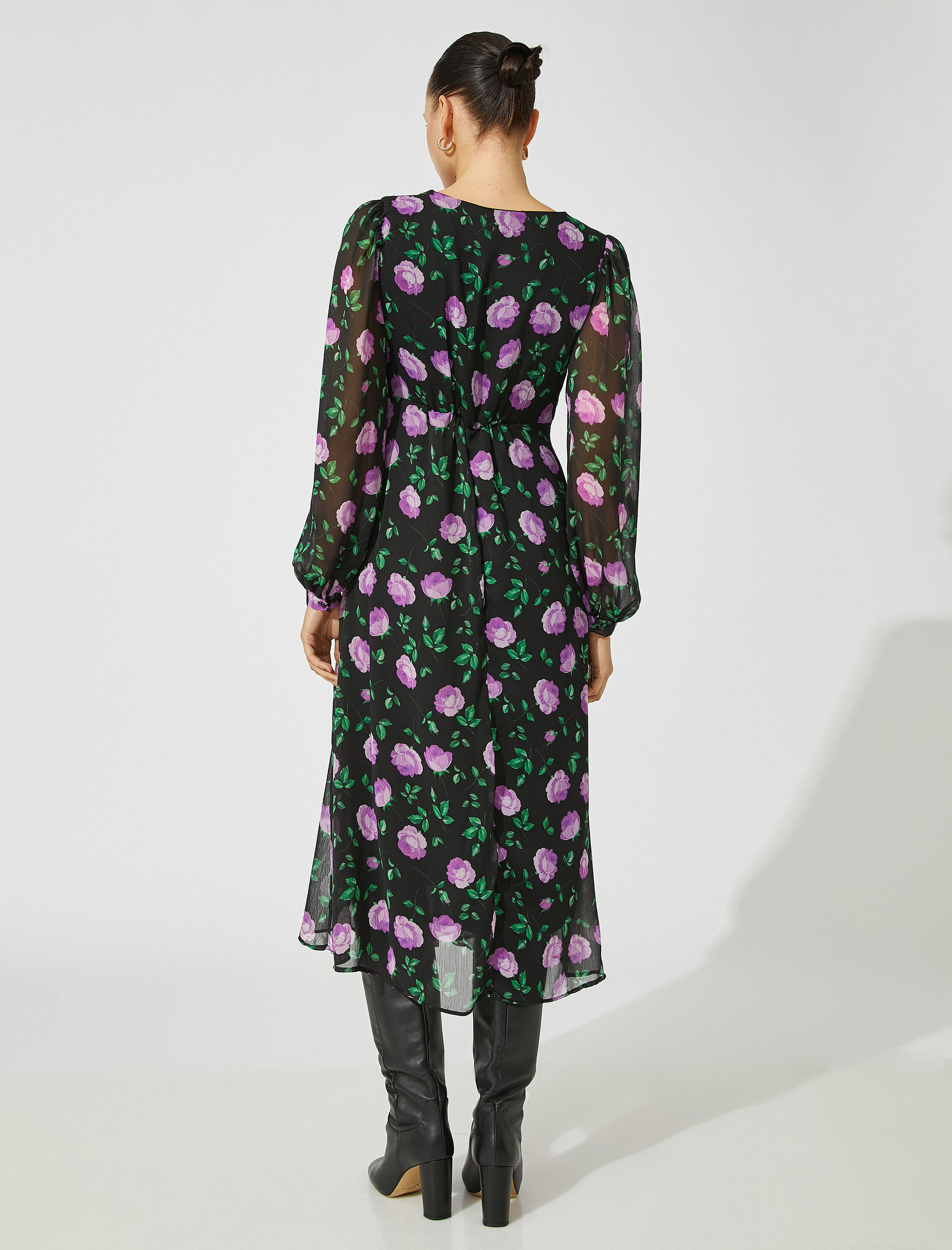   Çiçekli Uzun Elbise Balon Kollu