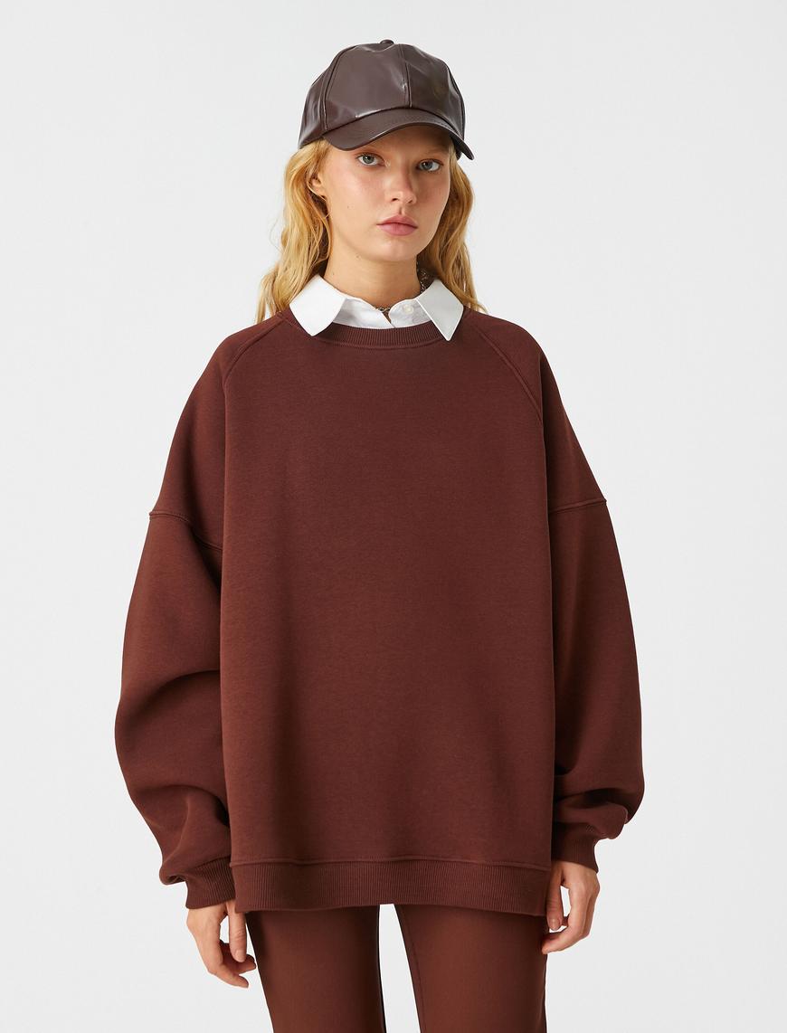   Oversize Bisiklet Yaka Sweatshirt İçi Polarlı