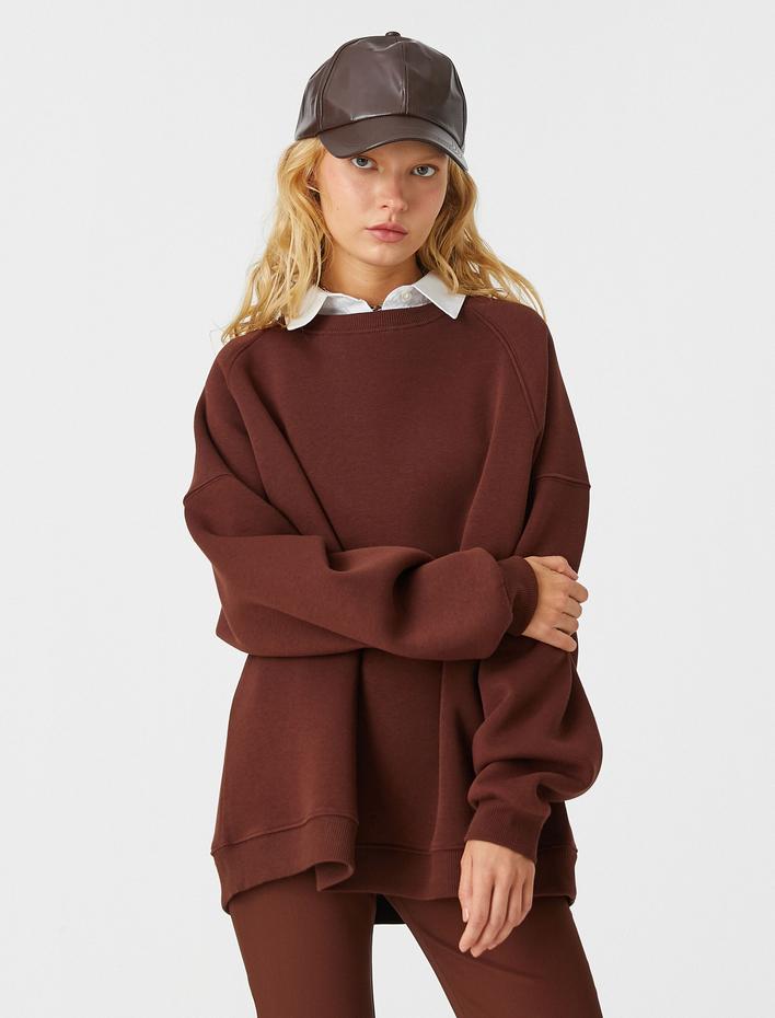  Oversize Bisiklet Yaka Sweatshirt İçi Polarlı