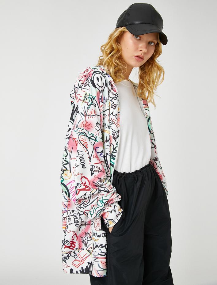 Fermuarlı Oversize Sweatshirt Grafiti Baskılı  İçi Polarlı