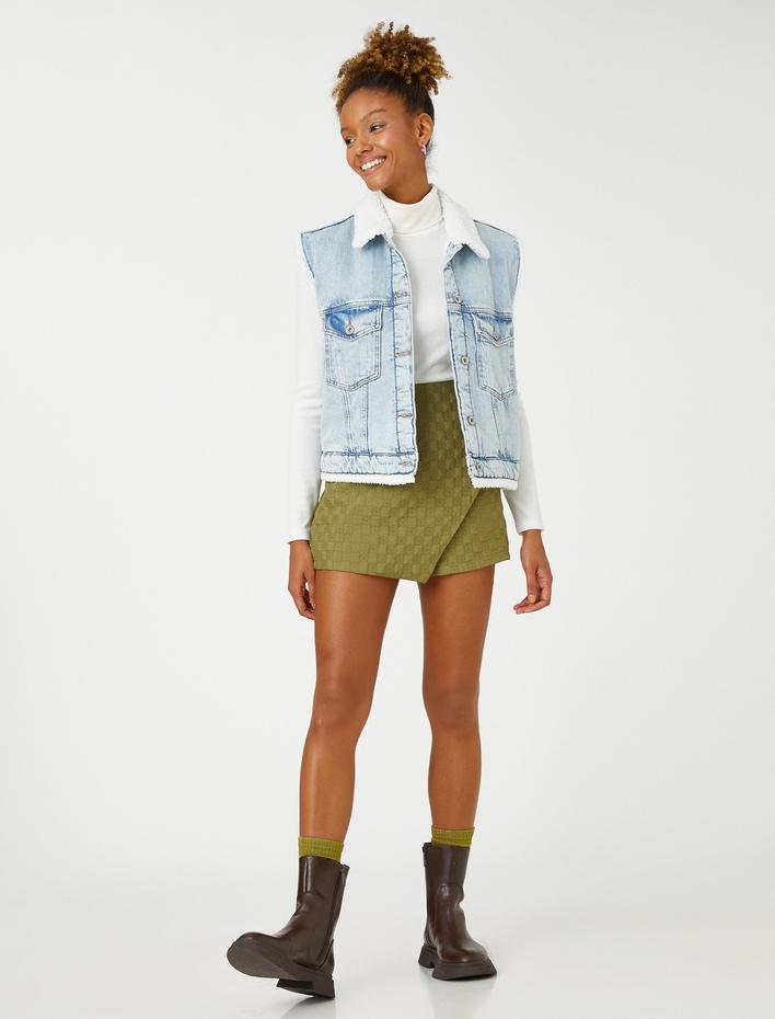  Mini Şort Etek Dokulu Yüksek Bel