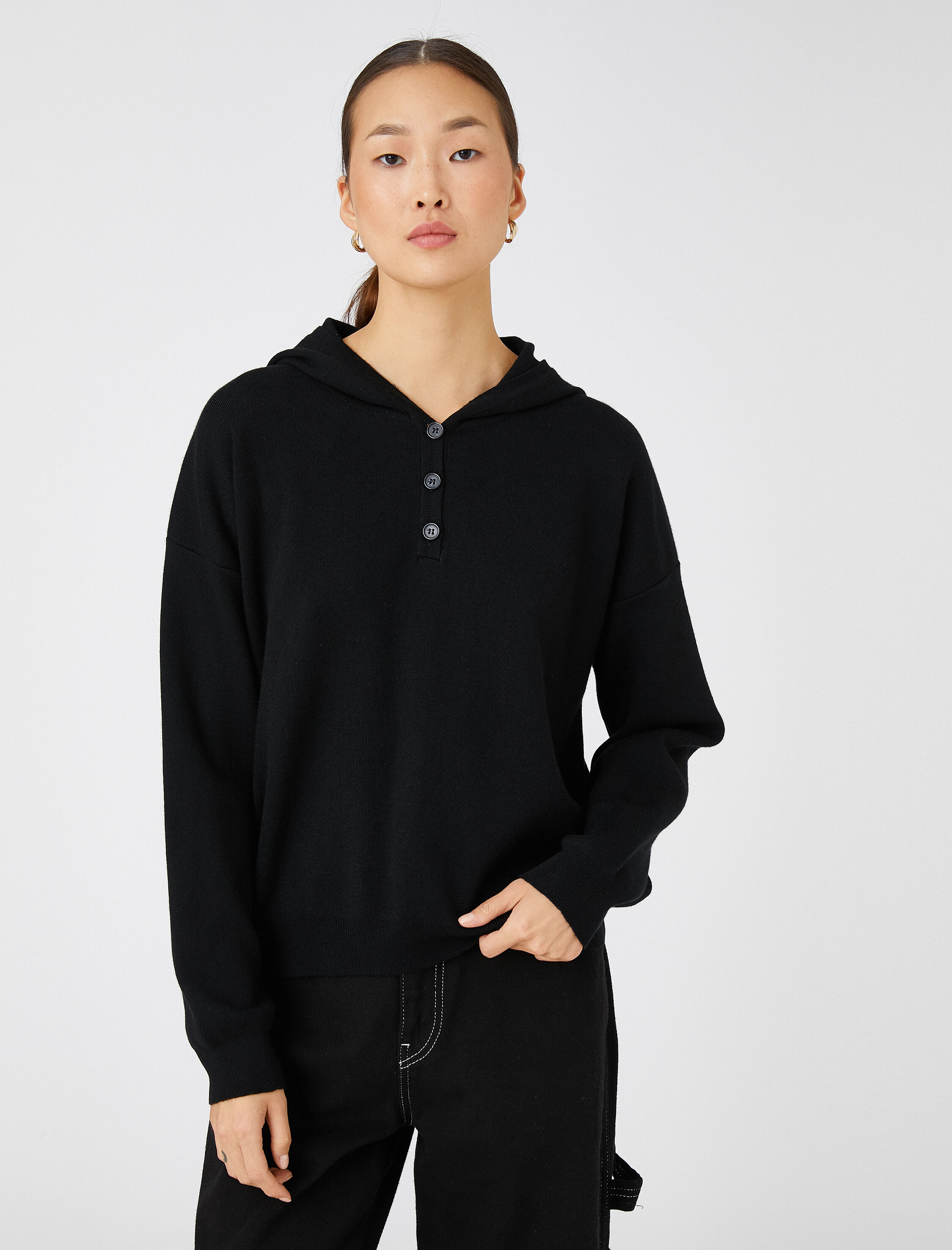   Oversize Triko Kazak Kapüşonlu Düğmeli Yaka