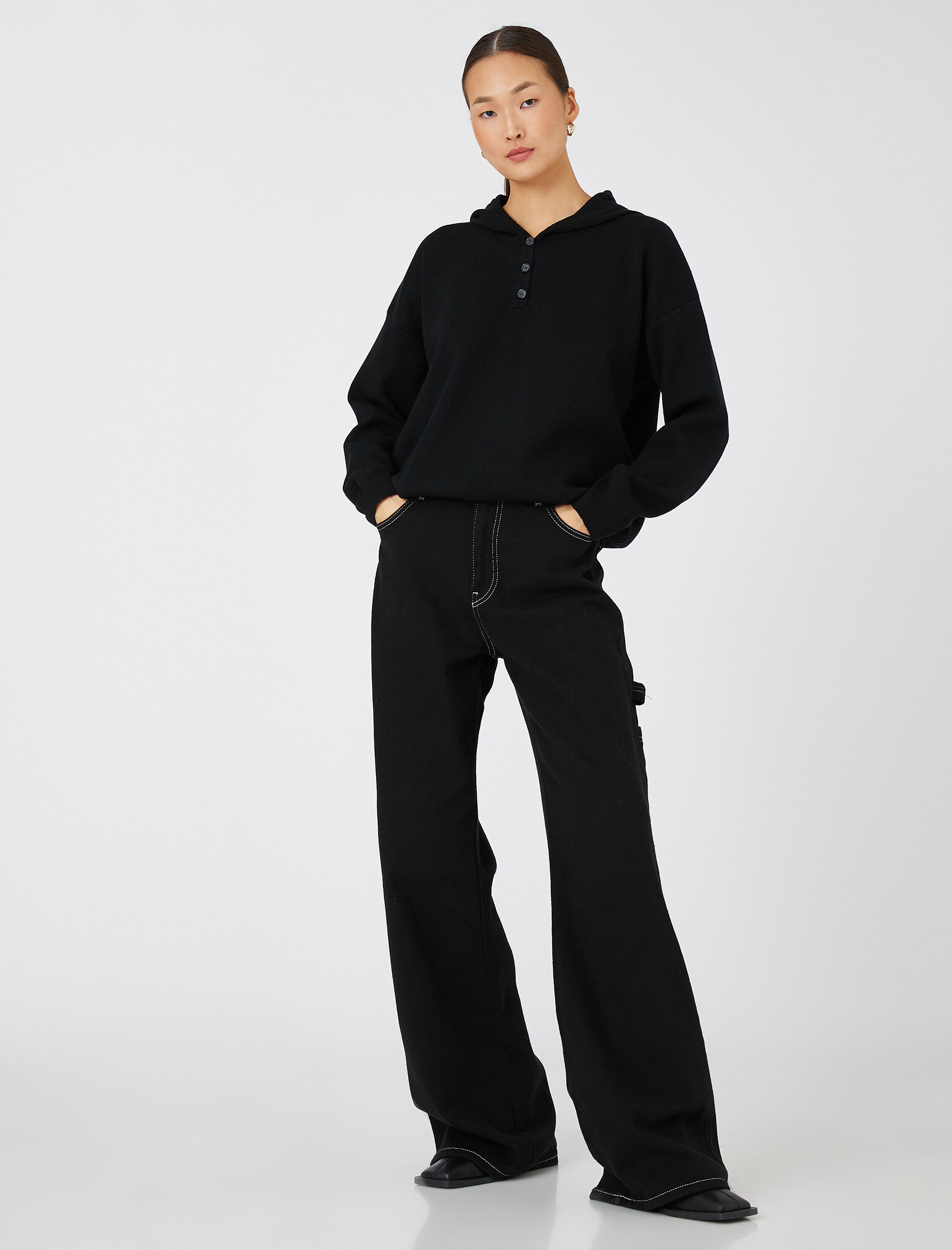   Oversize Triko Kazak Kapüşonlu Düğmeli Yaka