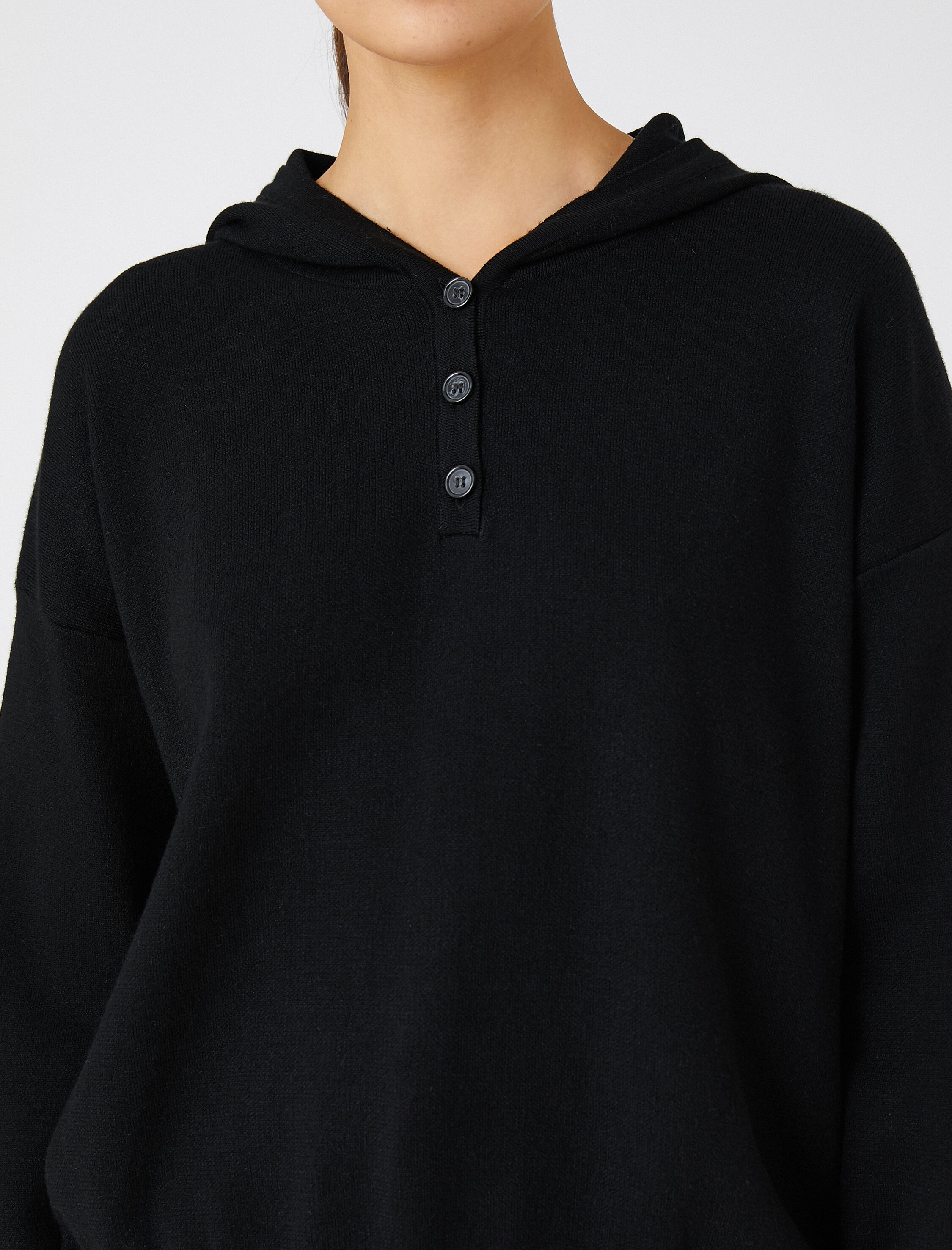   Oversize Triko Kazak Kapüşonlu Düğmeli Yaka