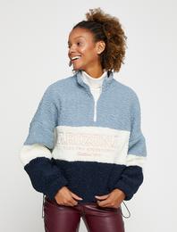 Peluş Oversize Sweatshirt Yakası Fermuarlı Slogan İşlemeli