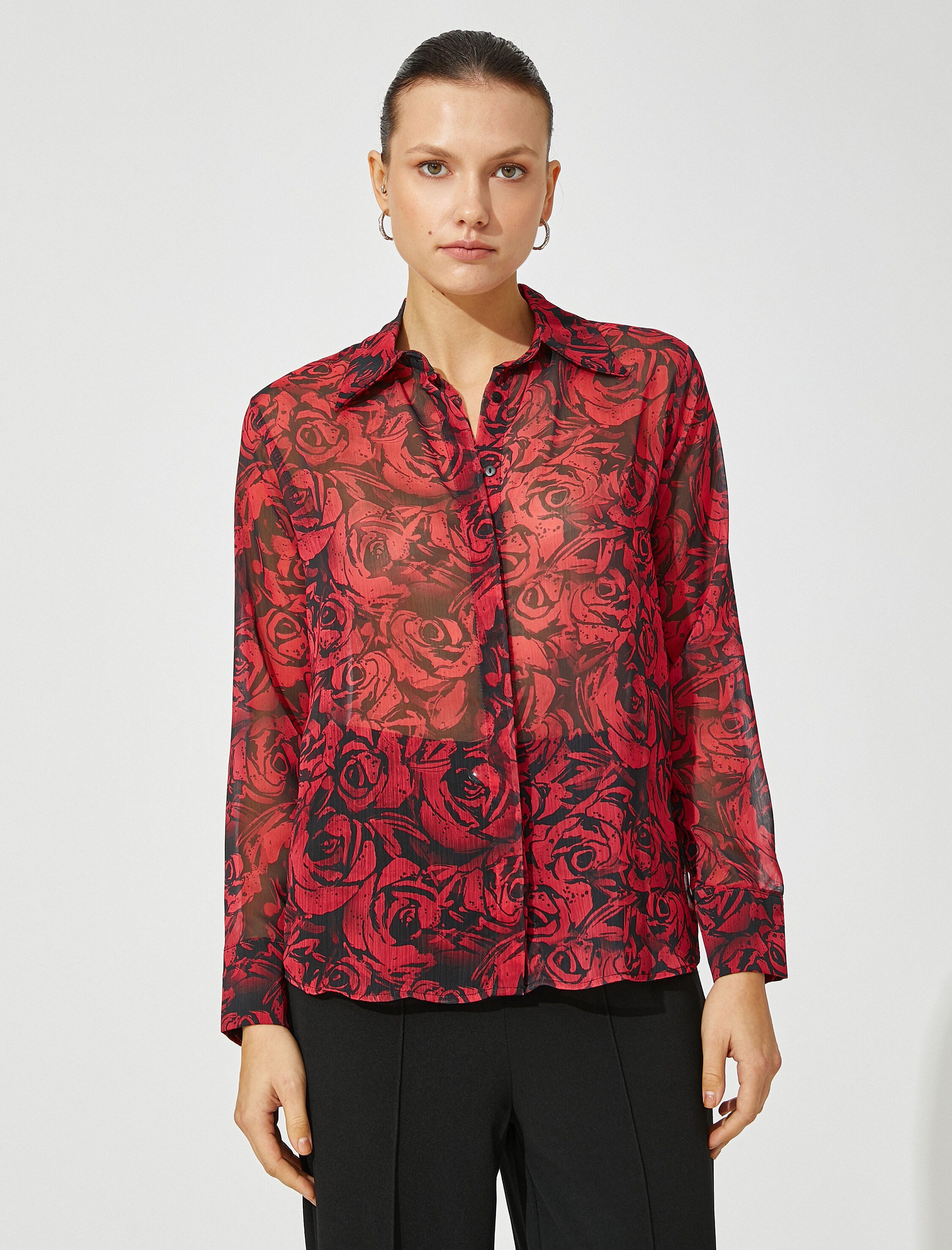   Uzun Kollu Şifon Gömlek Düğmeli