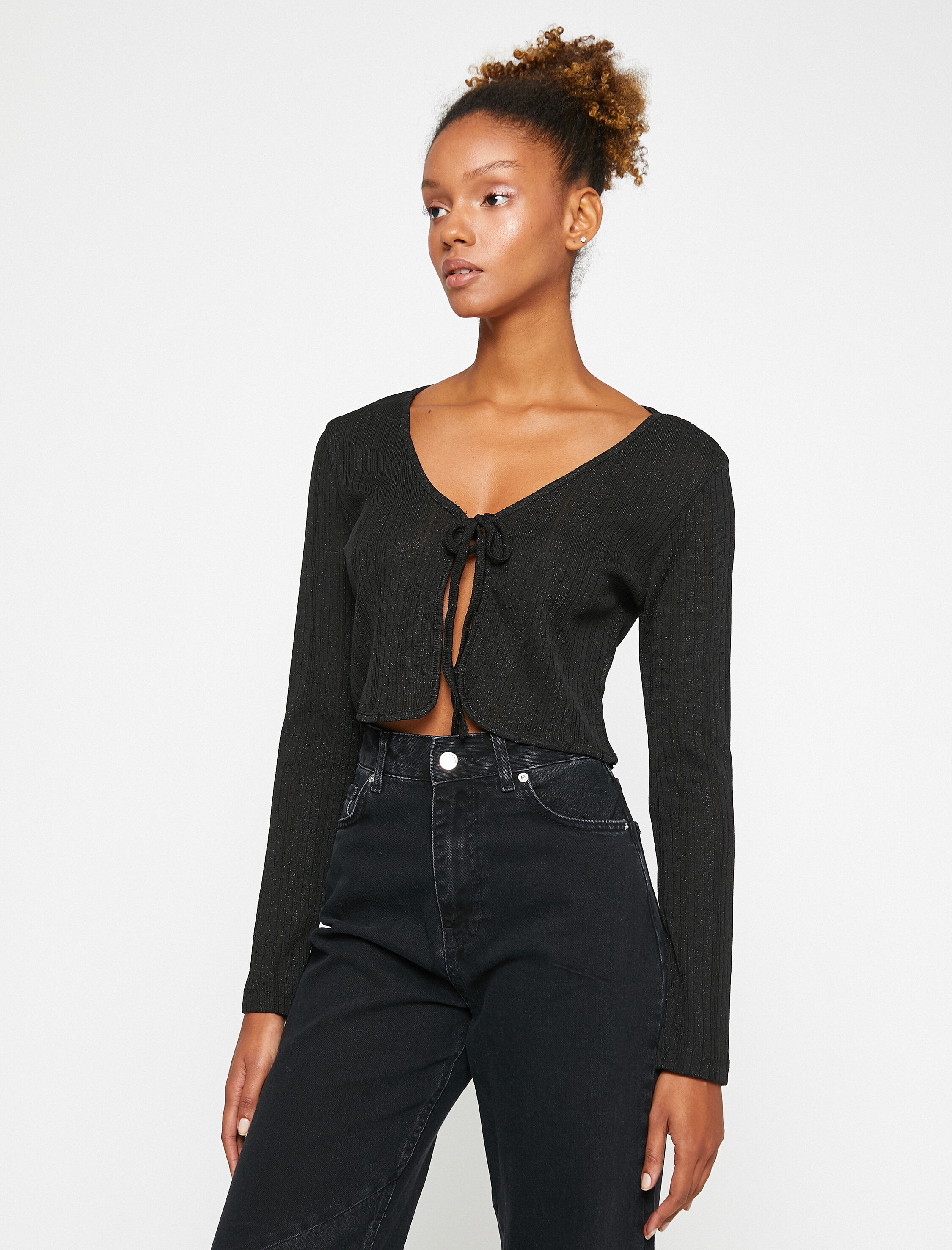   Crop Hırka Önden Bağlamalı Simli Uzun Kollu