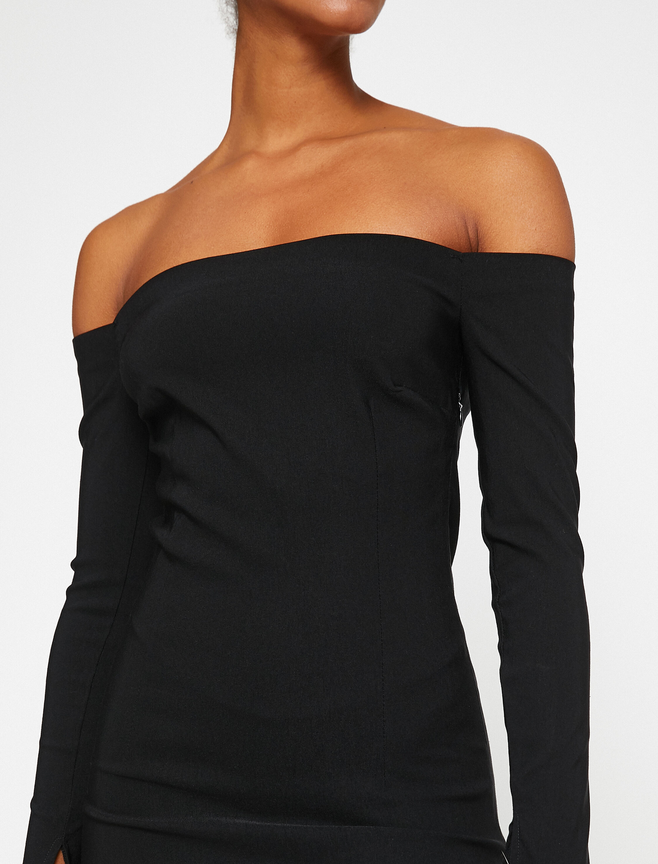   Mini Madonna Yaka Kalem Elbise Omzu Açık Kolları Tüy Detaylı