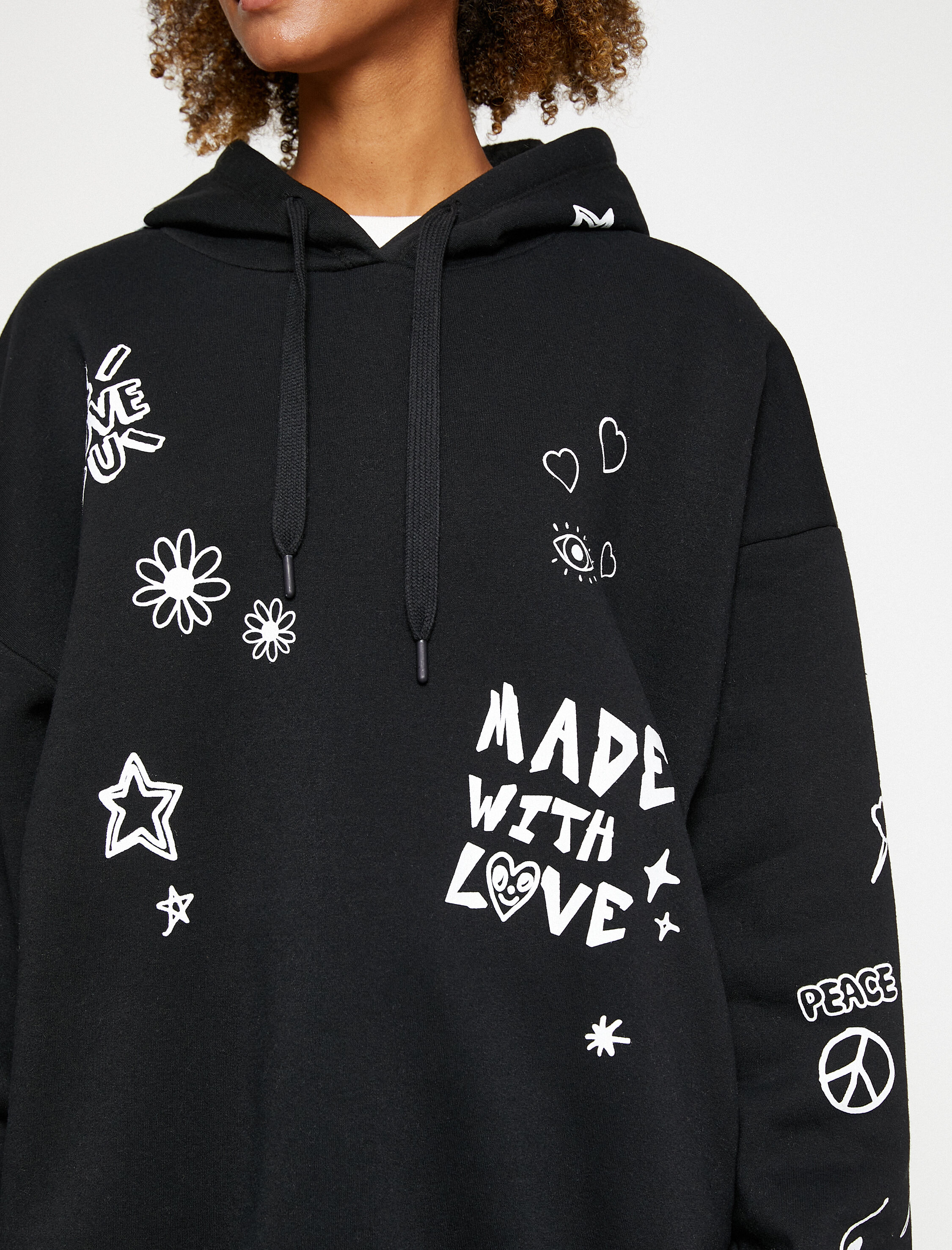   Kapüşonlu Sweatshirt Baskılı Uzun Kollu Rahat Kesim İçi Polarlı