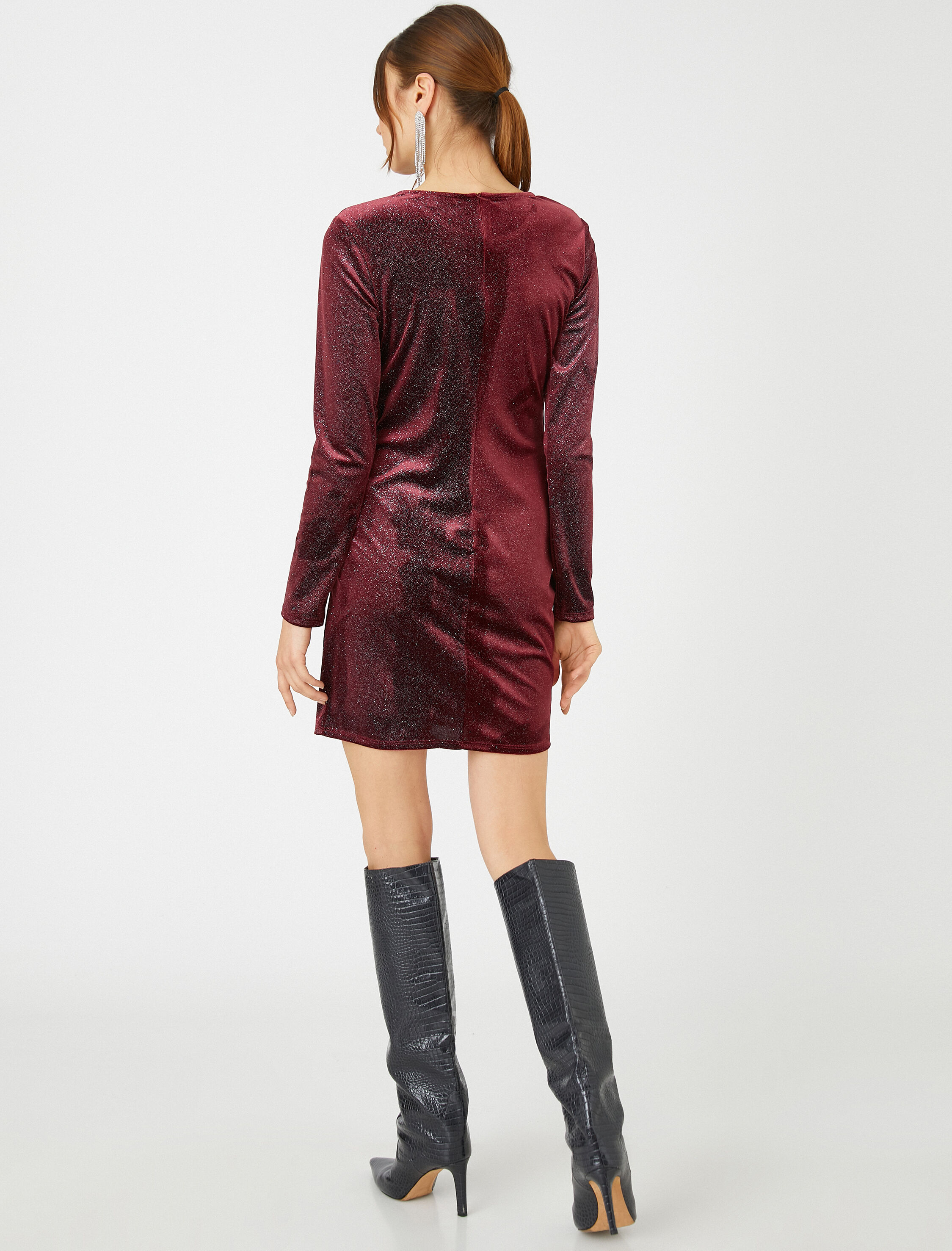   Kadife Mini Abiye Elbise Simli Uzun Kollu Büzgü Detaylı