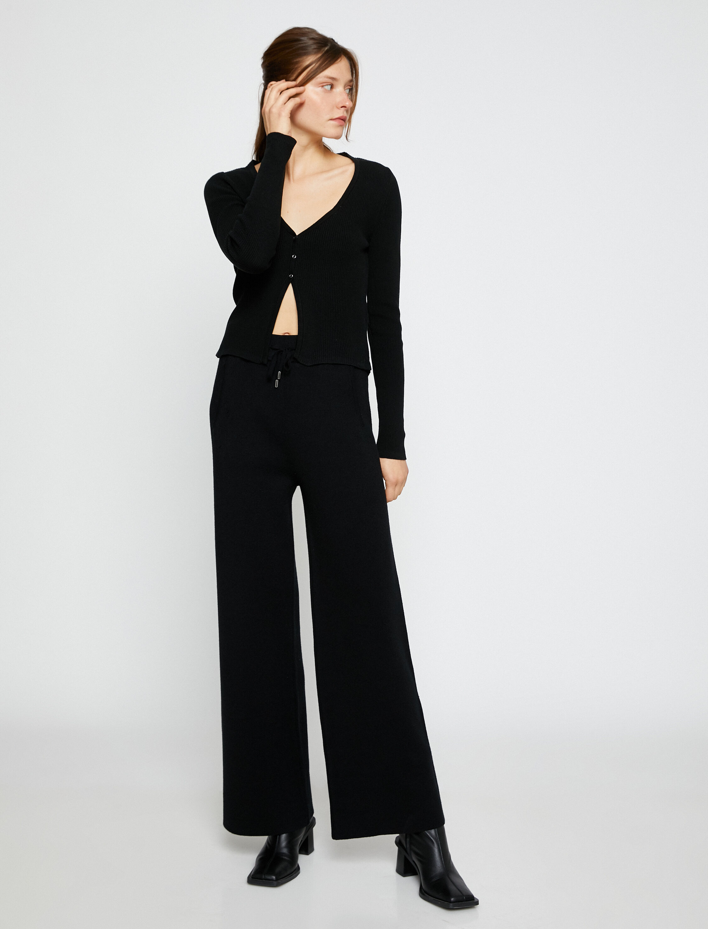   Bol Paça Triko Pantolon Beli Bağlamalı Cepli