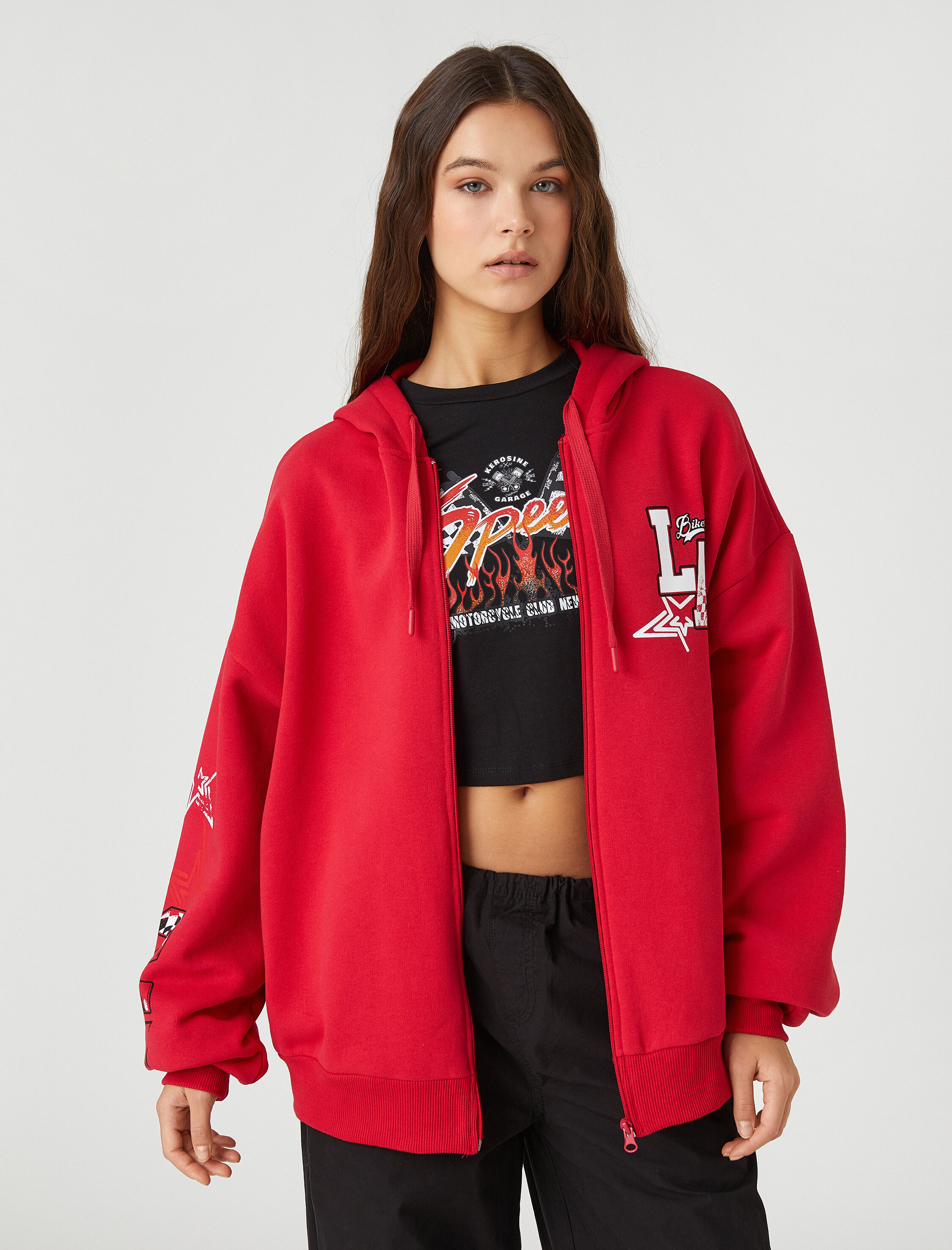   Oversize Sweatshirt Fermuarlı Sırtı Baskılı Uzun Kollu İçi Polarlı