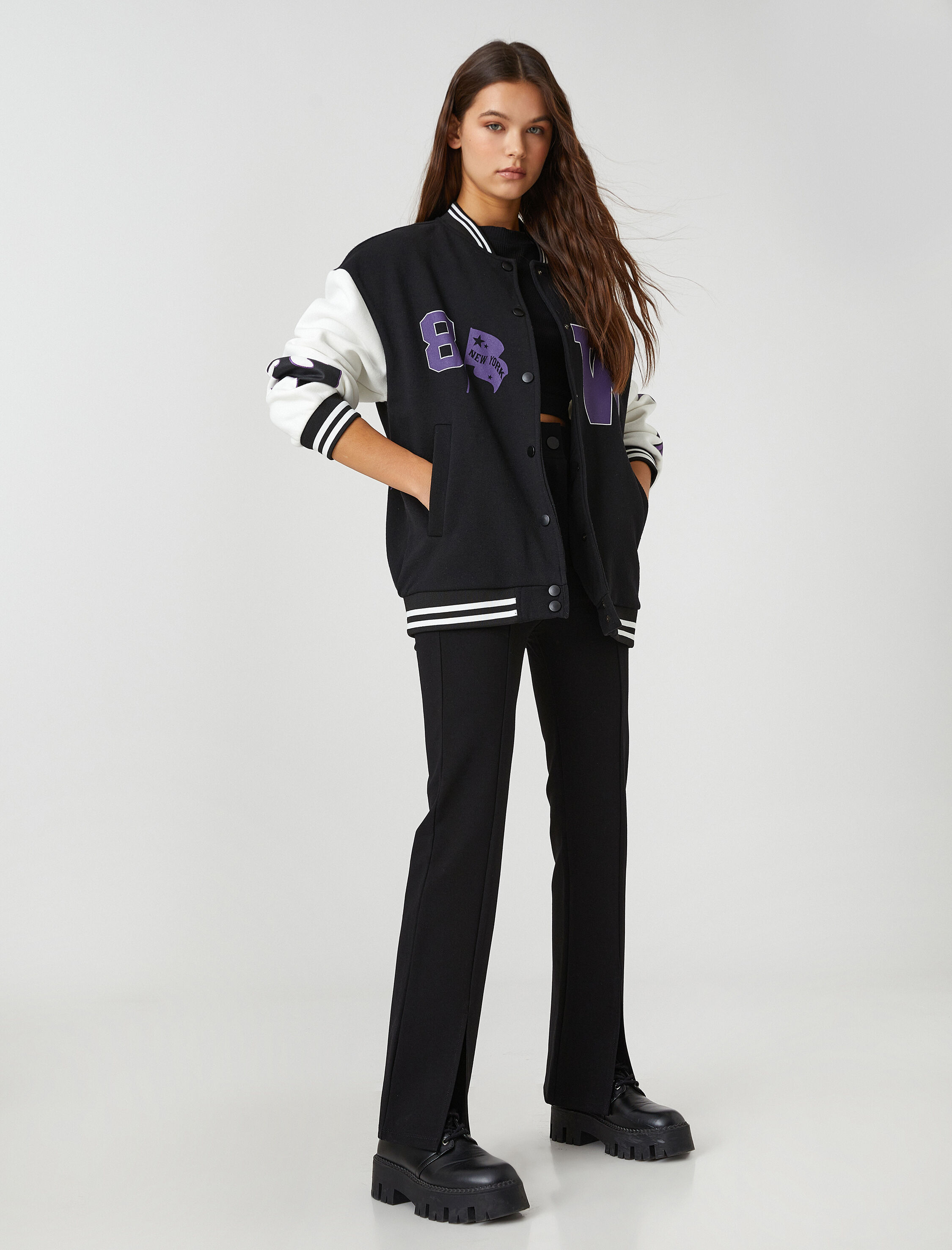   İspanyol Paça Tayt Pantolon Yırtmaç Detaylı Yüksek Bel