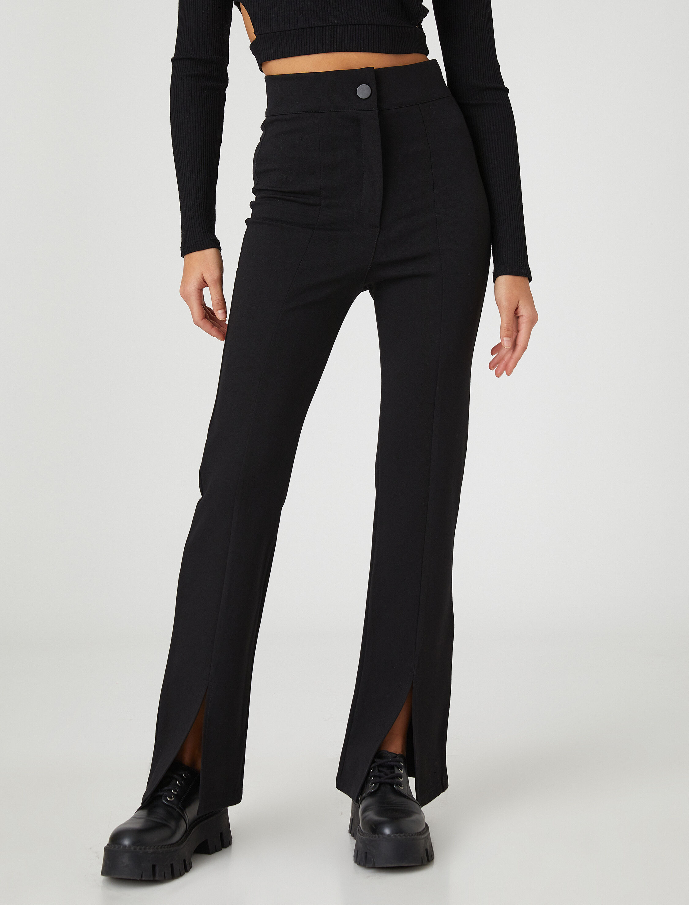   İspanyol Paça Tayt Pantolon Yırtmaç Detaylı Yüksek Bel