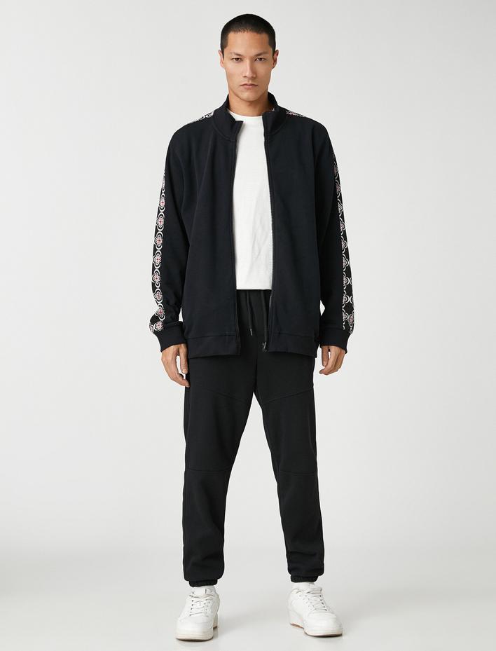  Fermuarlı Sweatshirt Dik Yaka Cepli Pamuklu Çiçek Detaylı