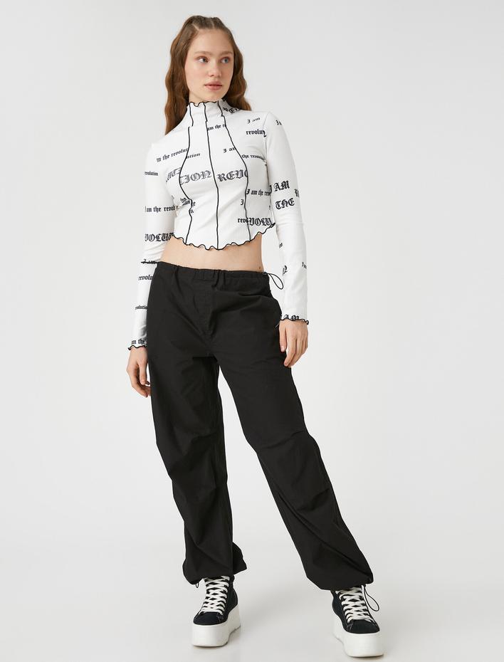  Uzun Kollu Tişört Crop Dik Yaka Slogan Baskılı