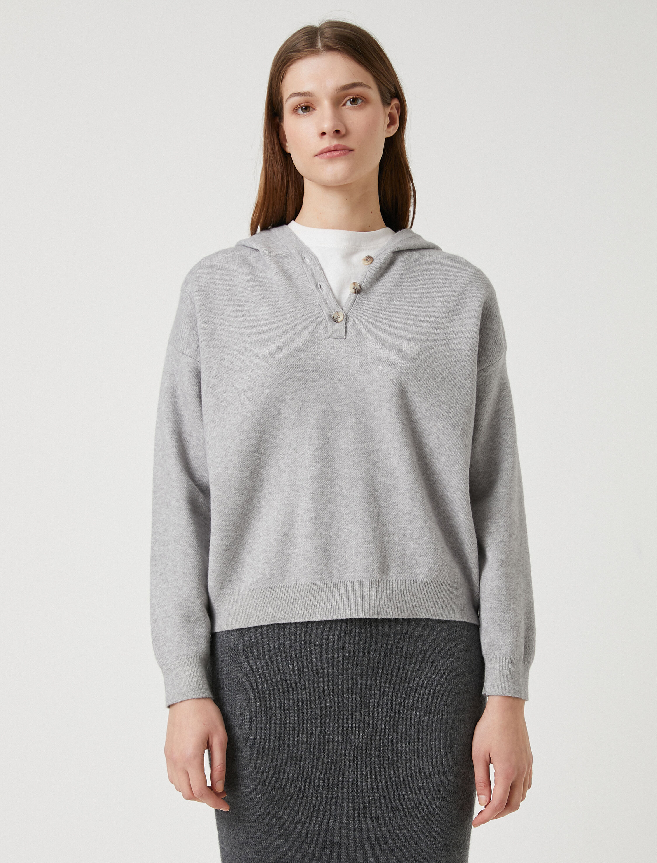   Oversize Triko Kazak Kapüşonlu Düğmeli Yaka