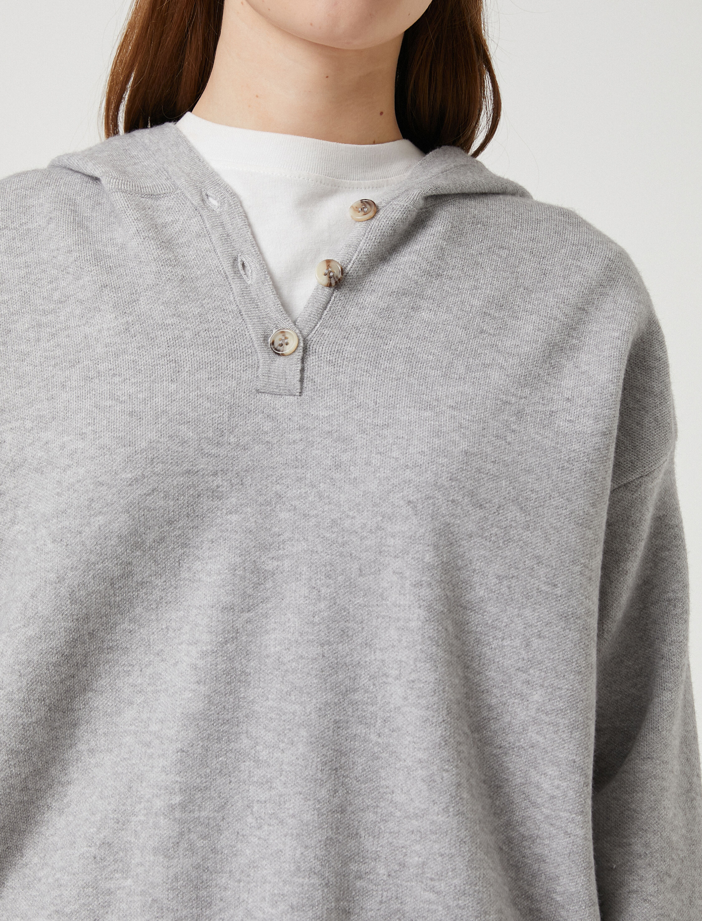   Oversize Triko Kazak Kapüşonlu Düğmeli Yaka