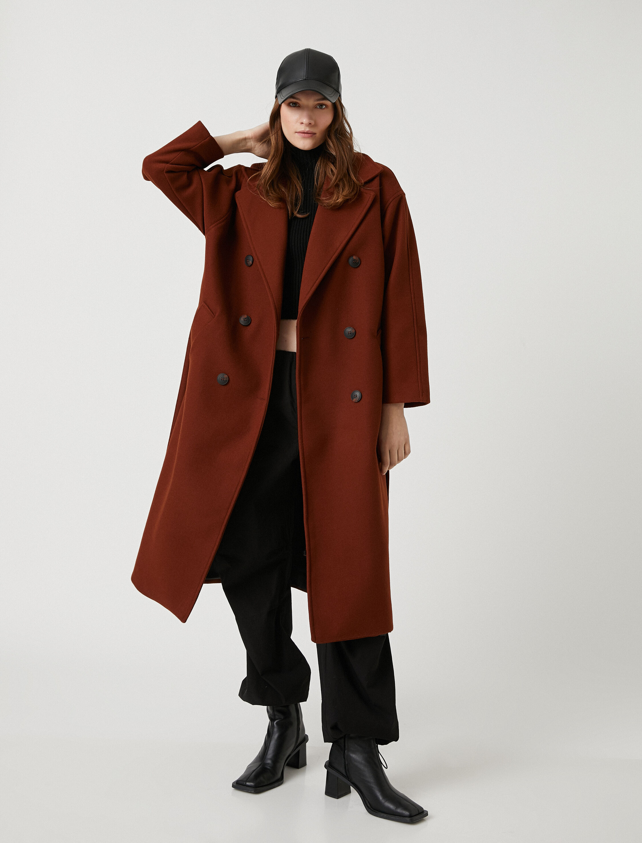   Oversize Kaşe Kaban Cepli Düğmeli Kuşaklı