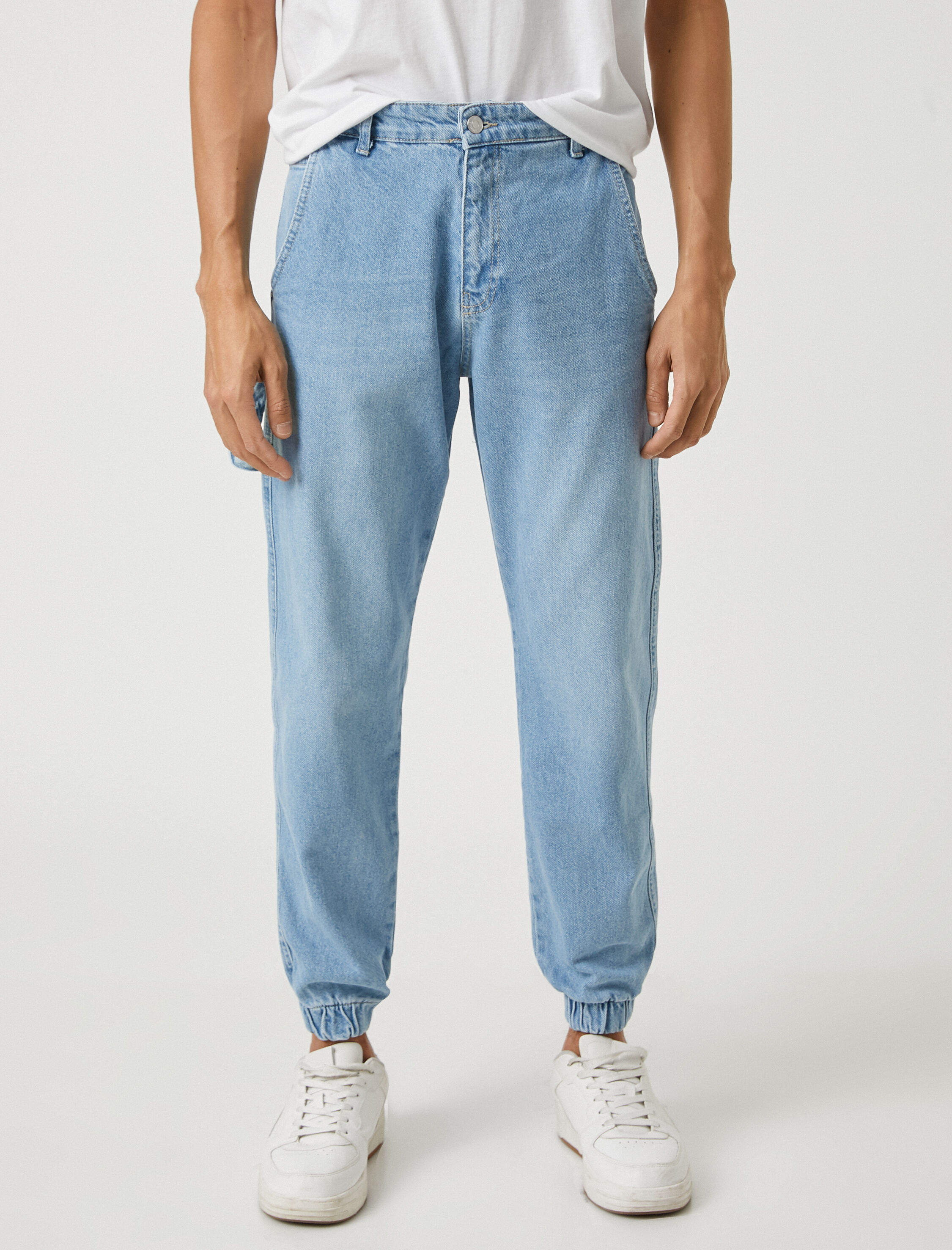   Jogger Kot Pantolon Düğme Detaylı Cepli Pamuklu