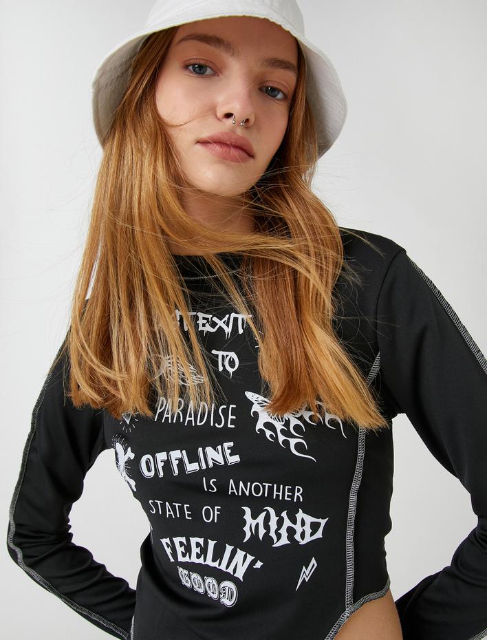  Uzun Kollu Tişört Gotik Baskılı Asimetrik Kesim Dik Yaka