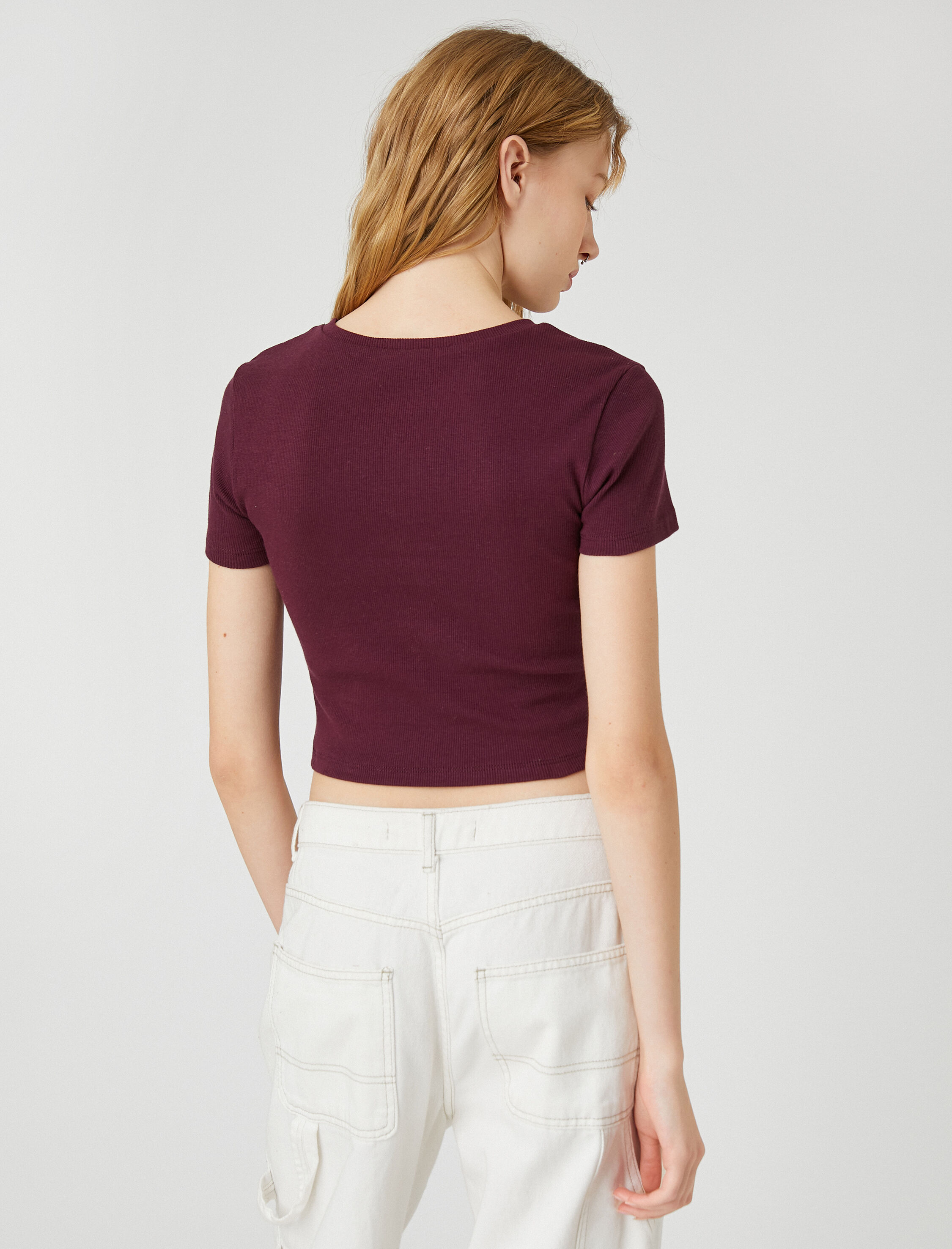   Crop Tişört Pamuklu Kısa Kollu Bisiklet Yaka Baskılı