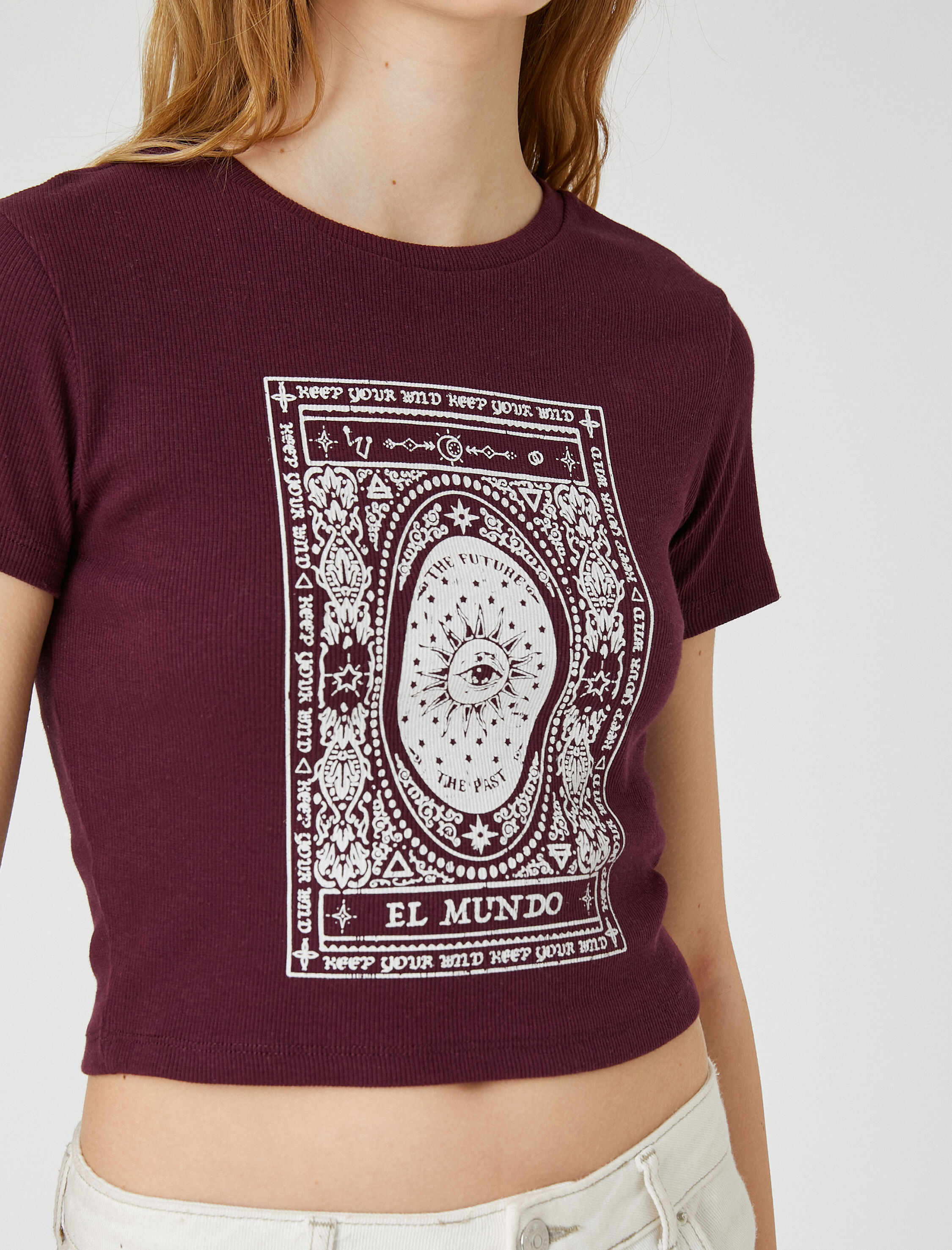   Crop Tişört Pamuklu Kısa Kollu Bisiklet Yaka Baskılı