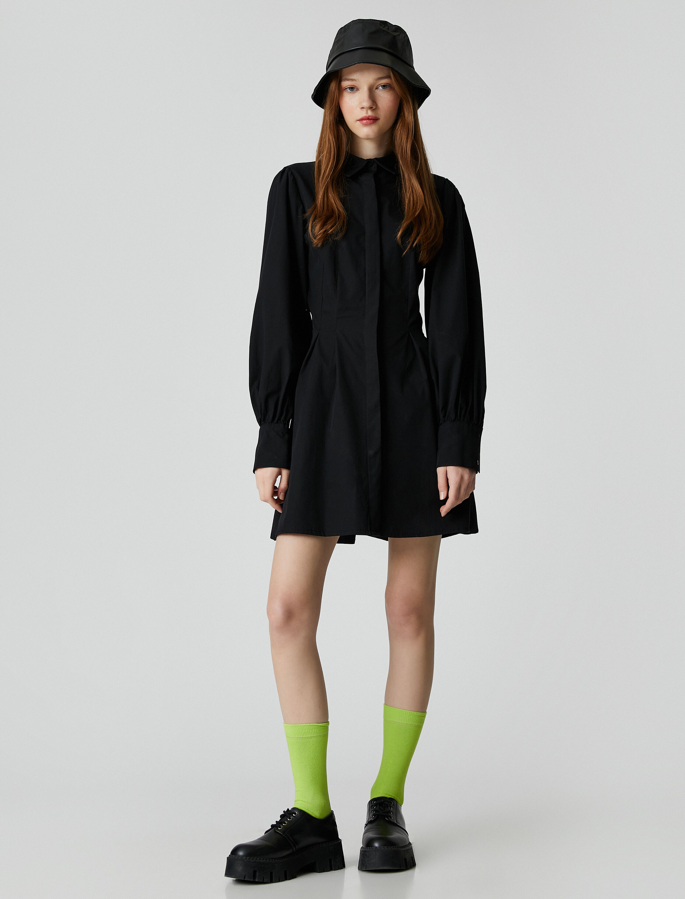   Gömlek Elbise Beli Piliseli Uzun Kollu Pamuklu Manşet Yaka