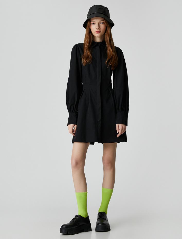  Gömlek Elbise Beli Piliseli Uzun Kollu Pamuklu Manşet Yaka