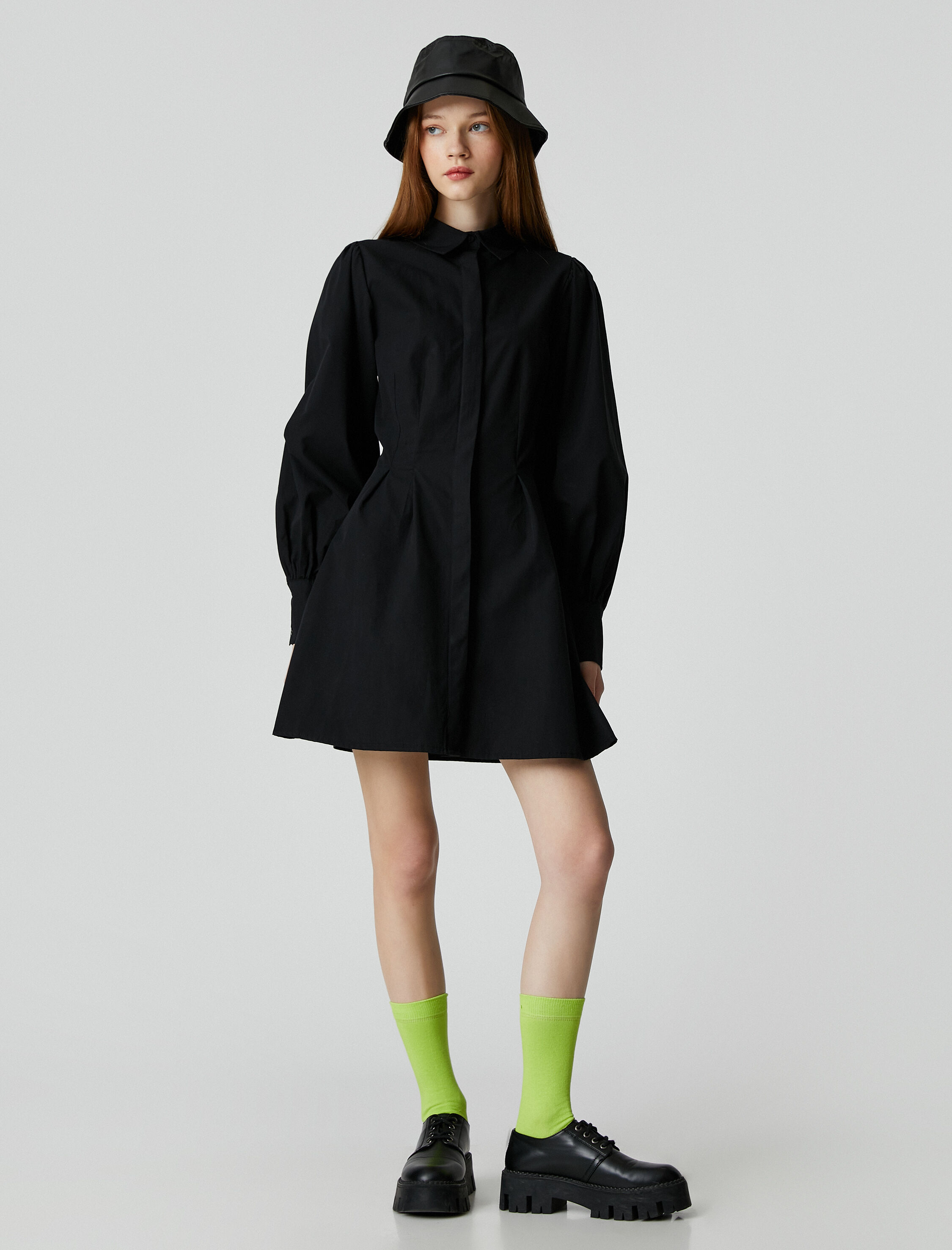   Gömlek Elbise Beli Piliseli Uzun Kollu Pamuklu Manşet Yaka