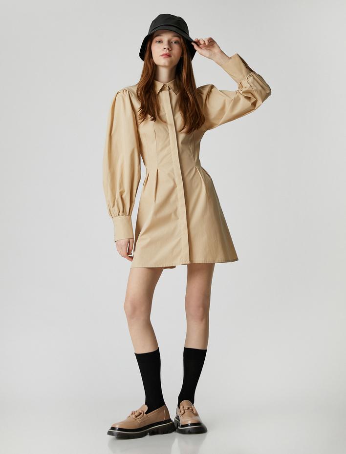  Gömlek Elbise Beli Piliseli Uzun Kollu Pamuklu Manşet Yaka