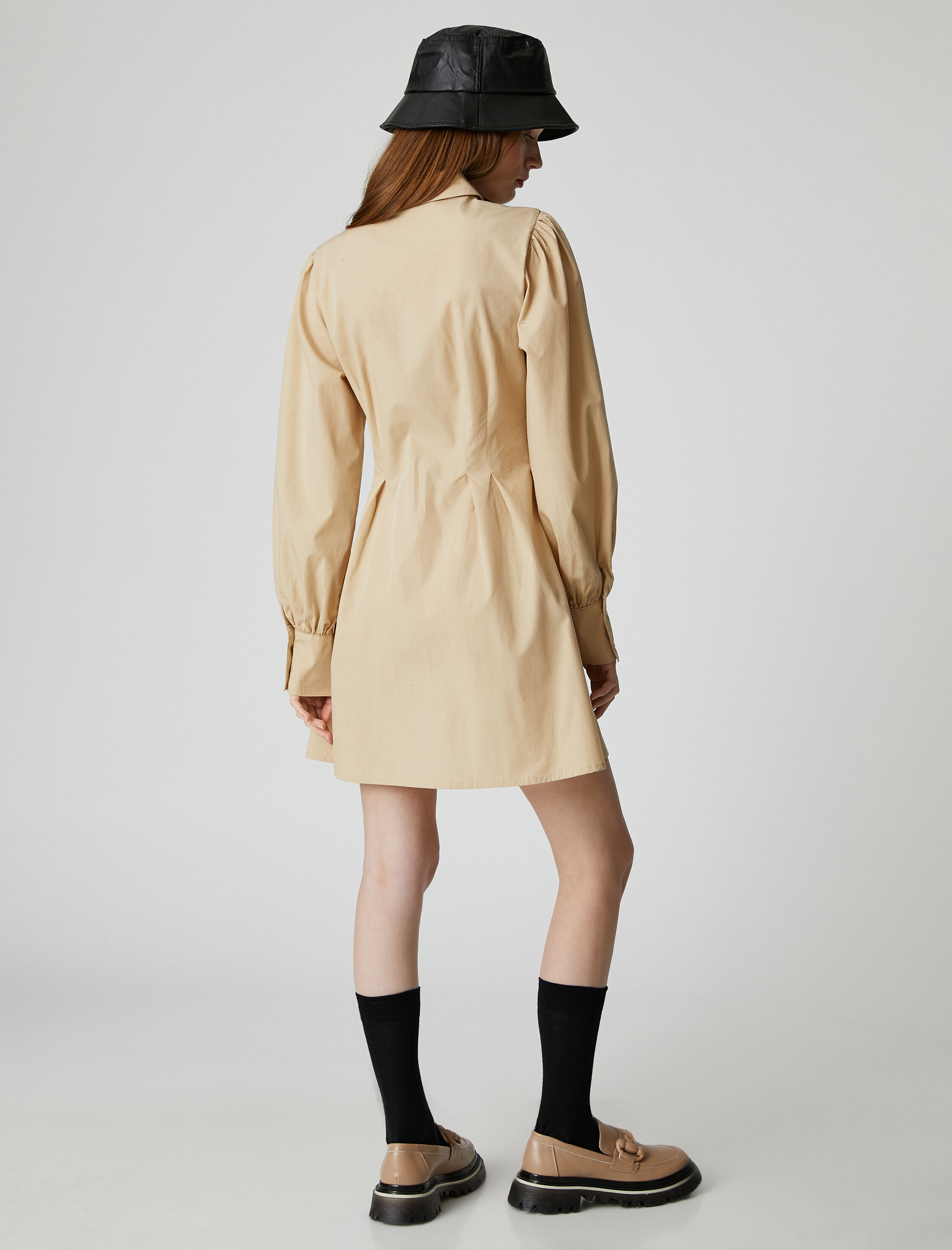   Gömlek Elbise Beli Piliseli Uzun Kollu Pamuklu Manşet Yaka