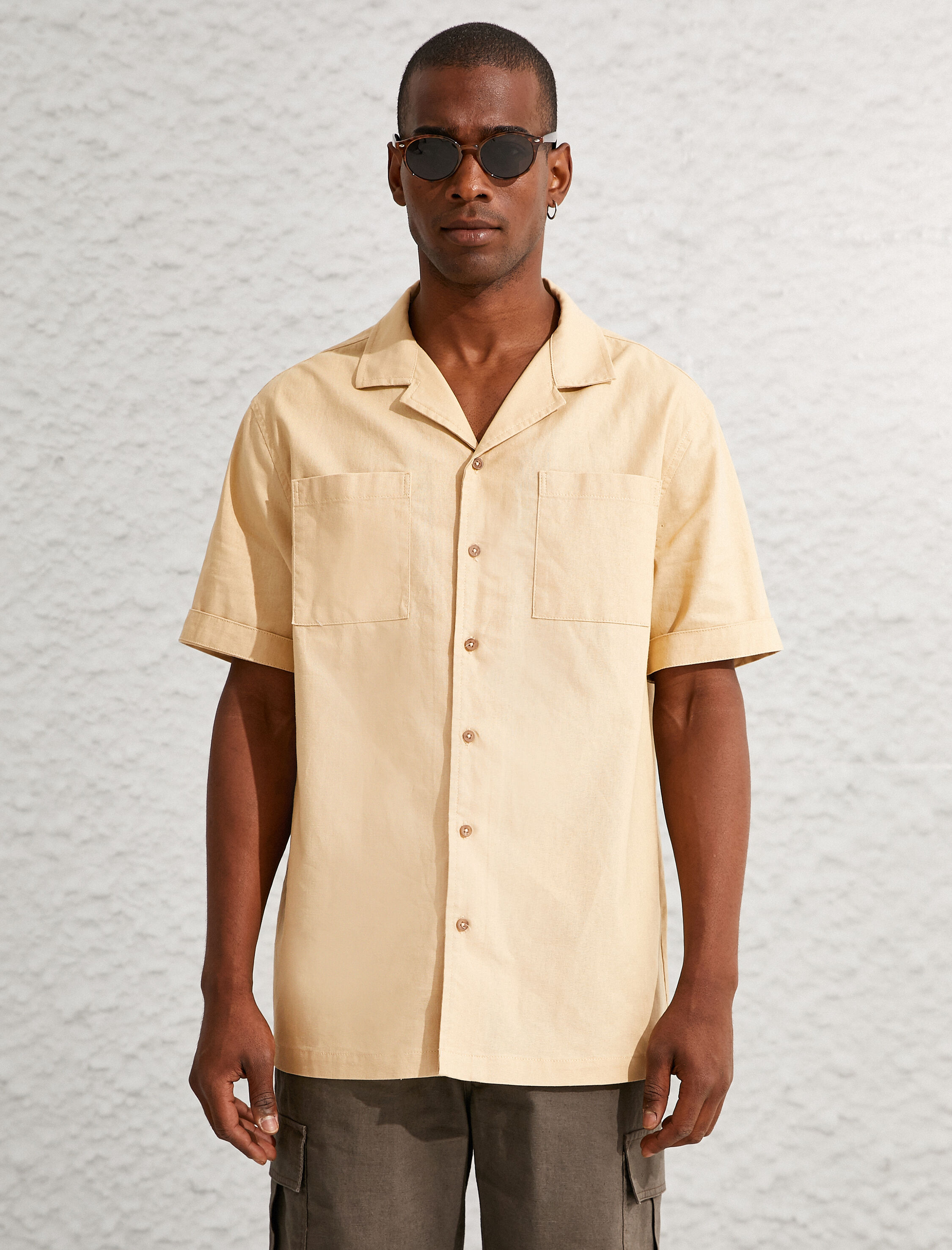   Yazlık Gömlek Keten Karışımlı Kısa Kollu