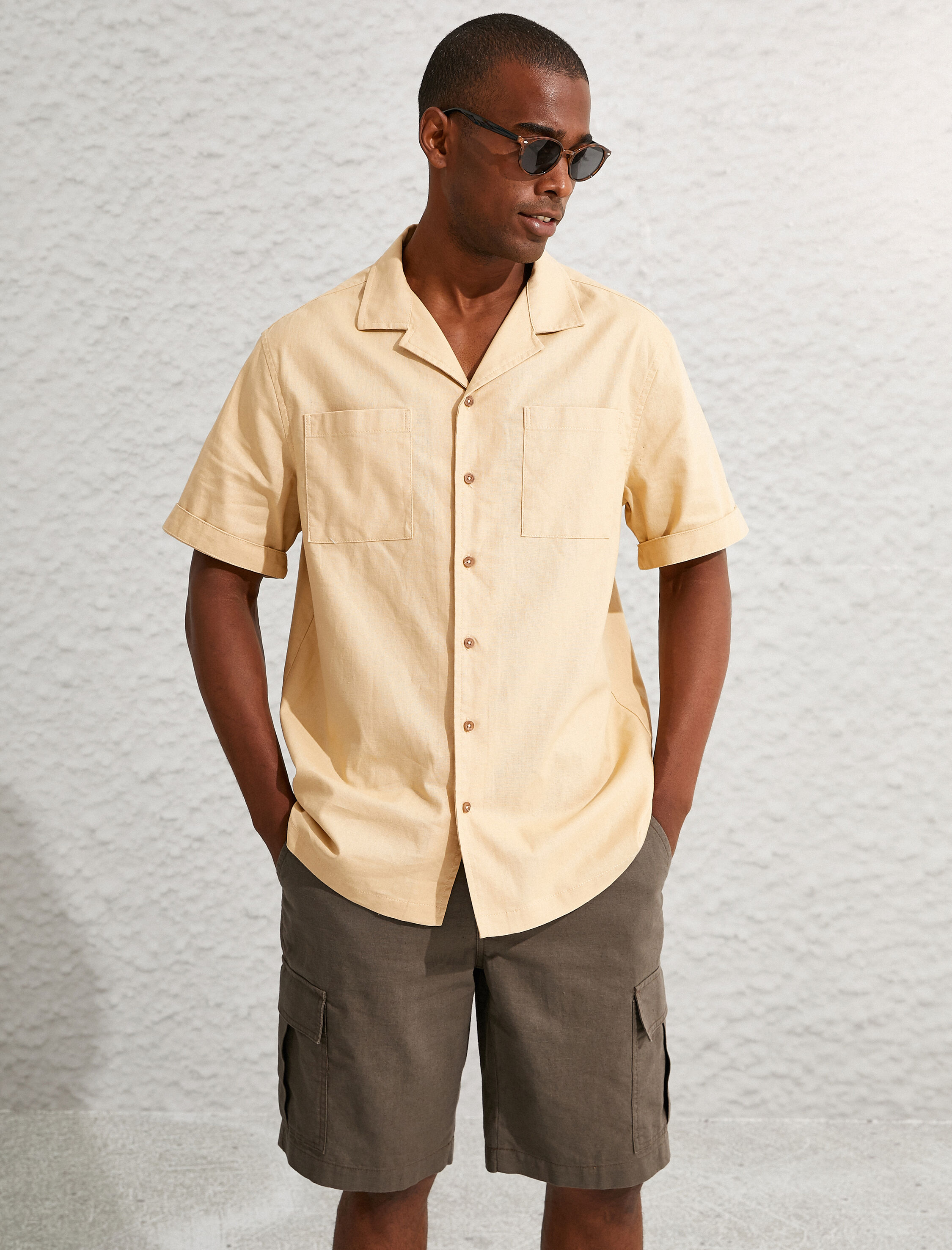   Yazlık Gömlek Keten Karışımlı Kısa Kollu