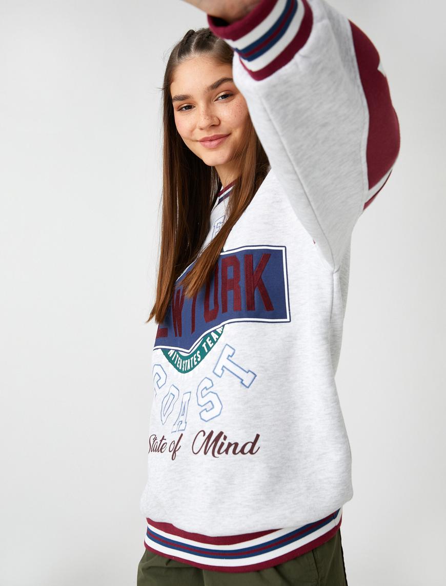   Kolej Sweatshirt Oversize New York İşlemeli Uzun Kollu Bisiklet Yaka İçi Polarlı