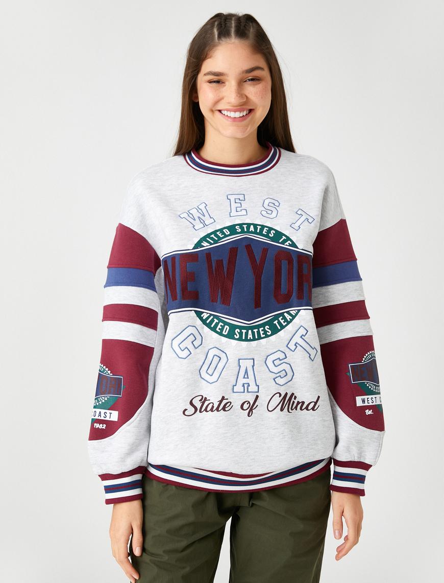   Kolej Sweatshirt Oversize New York İşlemeli Uzun Kollu Bisiklet Yaka İçi Polarlı