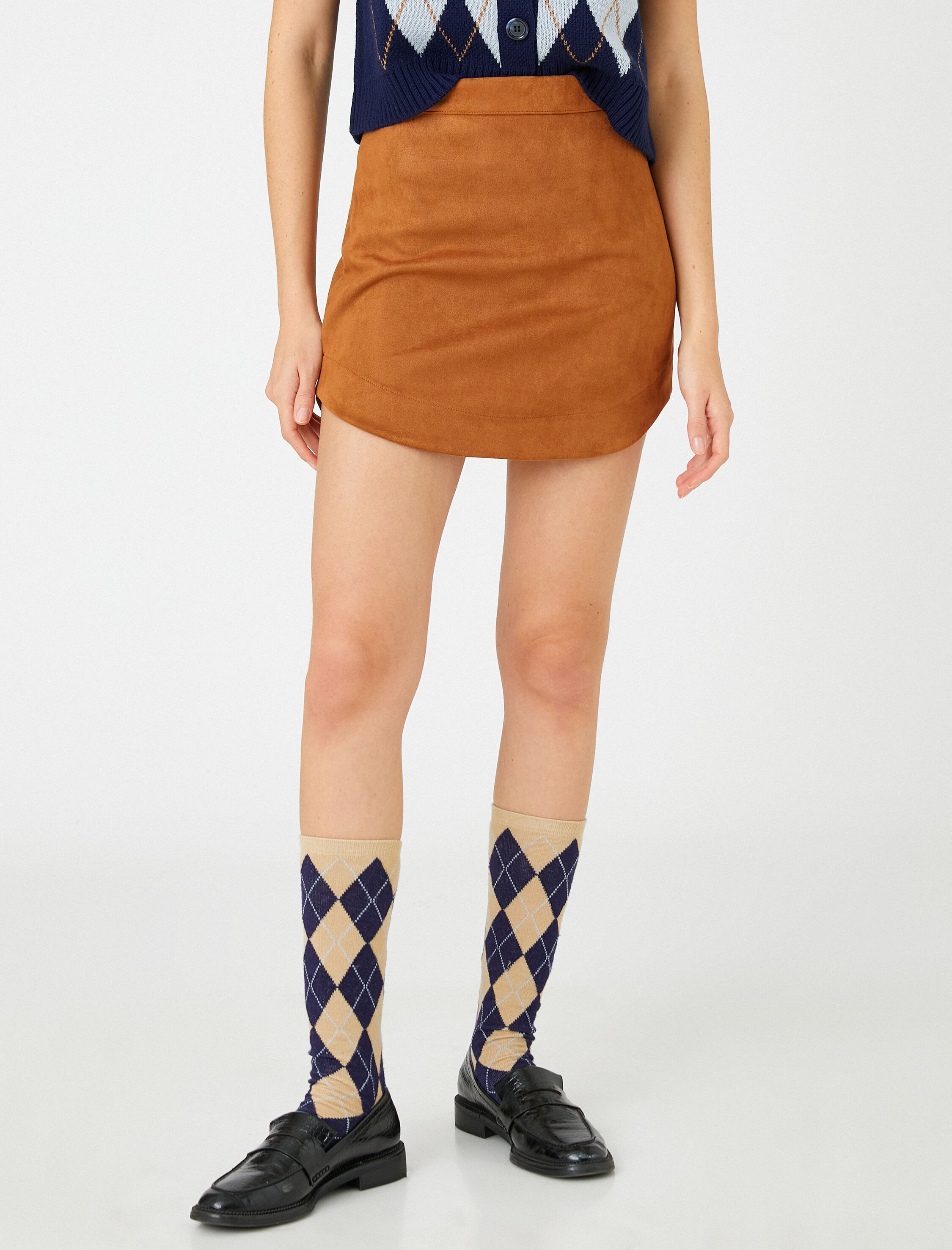   Mini Etek Süet Görünümlü Yüksek Bel Asimetrik Kesim