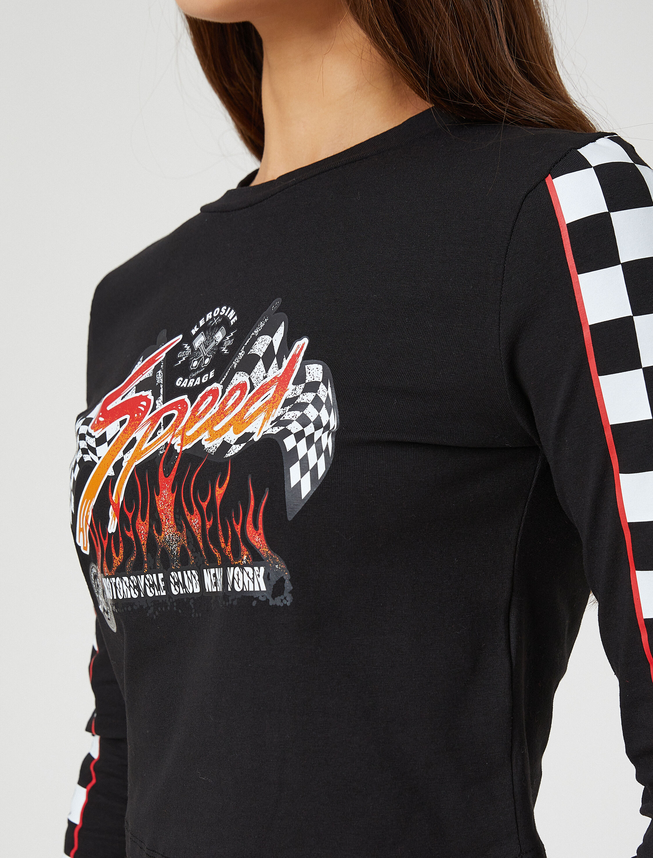   Uzun Kollu Tişört Slogan Baskılı Bisiklet Yaka Damalı