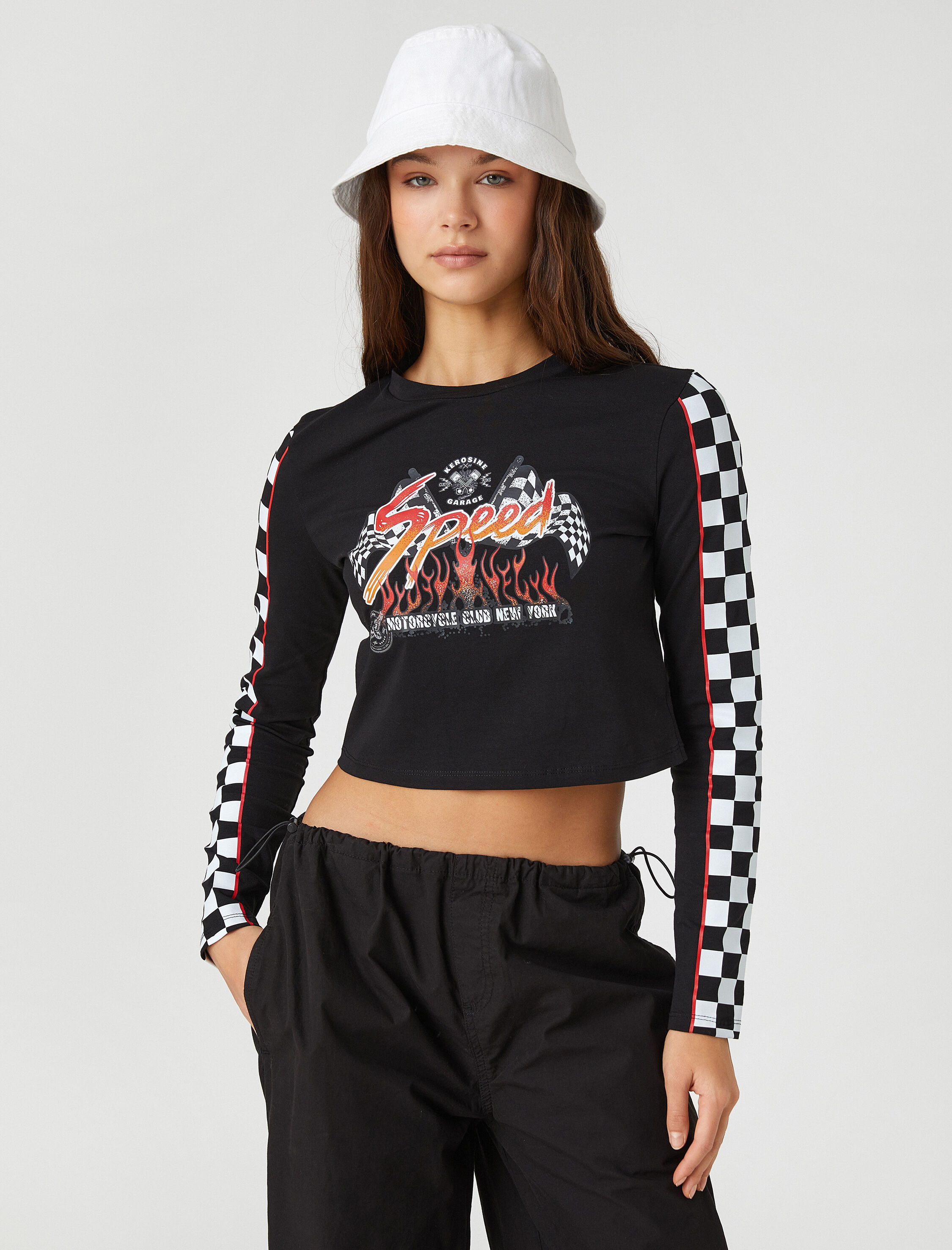   Uzun Kollu Tişört Slogan Baskılı Bisiklet Yaka Damalı