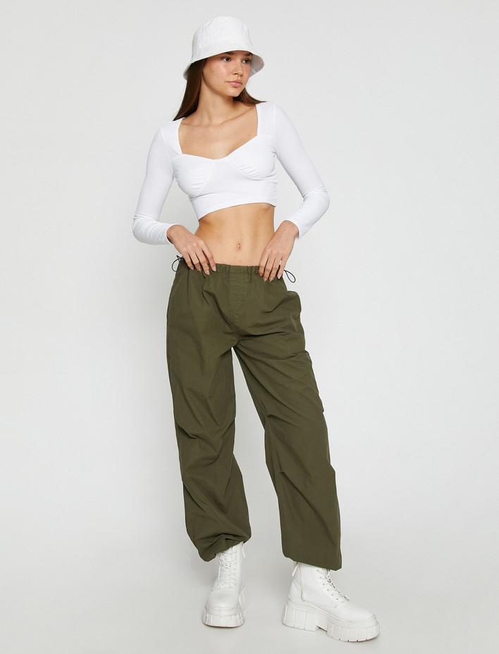  Uzun Kollu Tişört Crop Kare Yaka