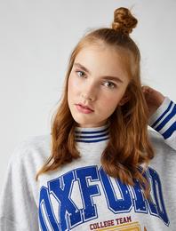 Oversize Baskılı Kolej Sweatshirt Biyeli İçi Polarlı