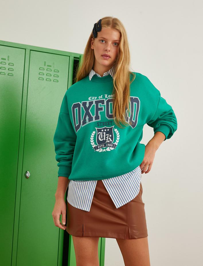  Slogan Baskılı Kolej Sweatshirt İçi Polarlı