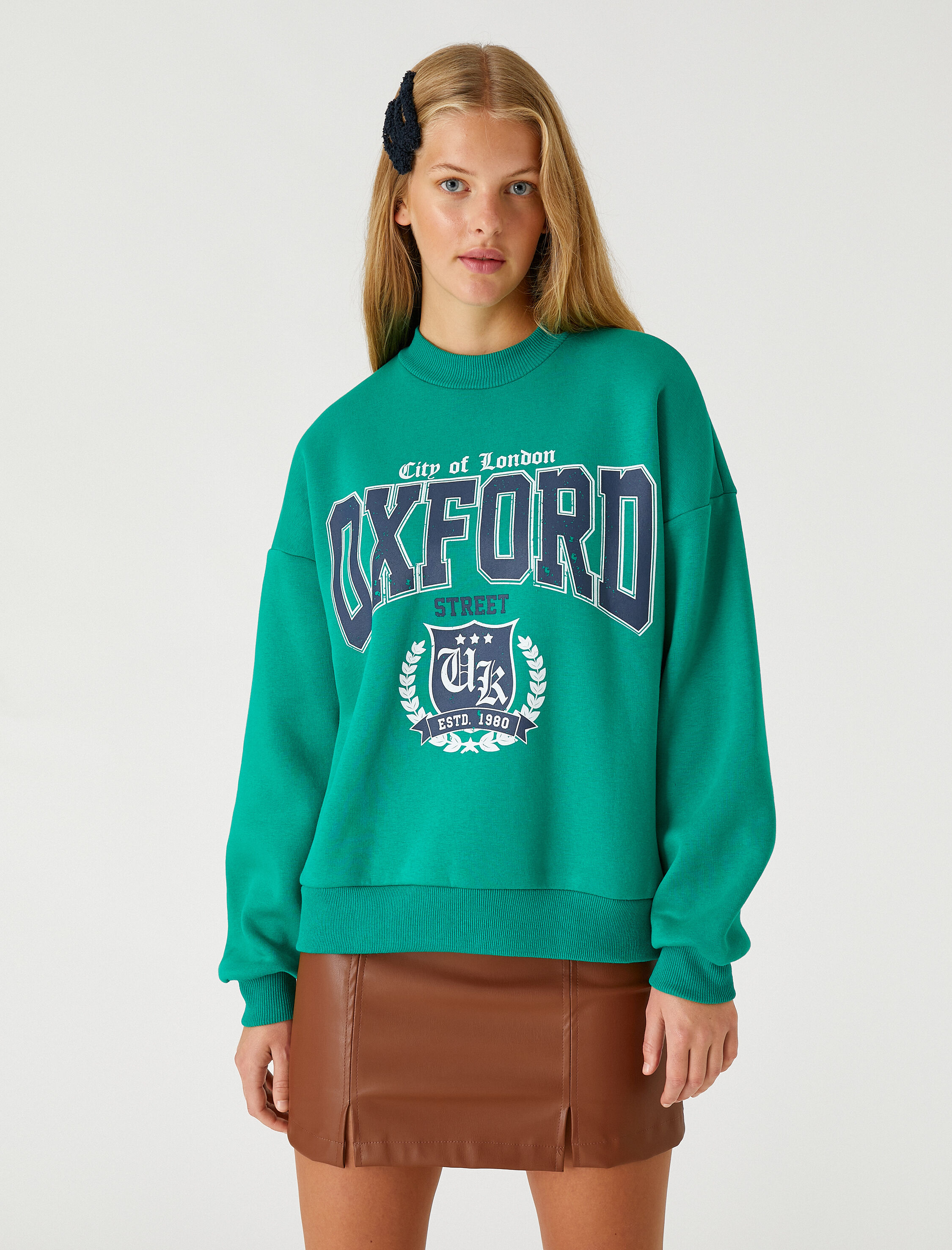   Slogan Baskılı Kolej Sweatshirt İçi Polarlı