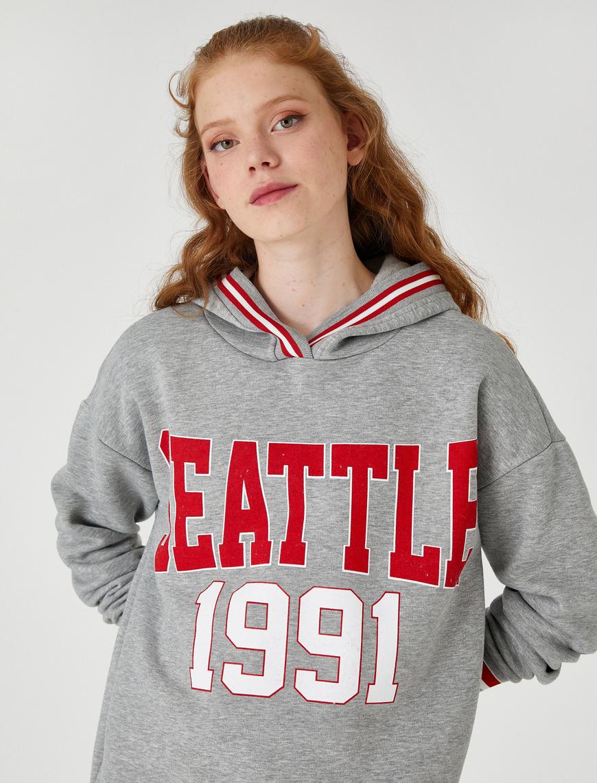   Oversize Sweatshirt Baskılı Kapüşonlu İçi Polarlı