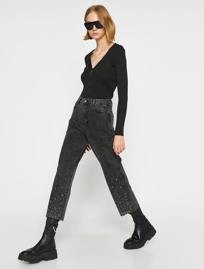  Taşlı Kot Pantolon Düz Paça