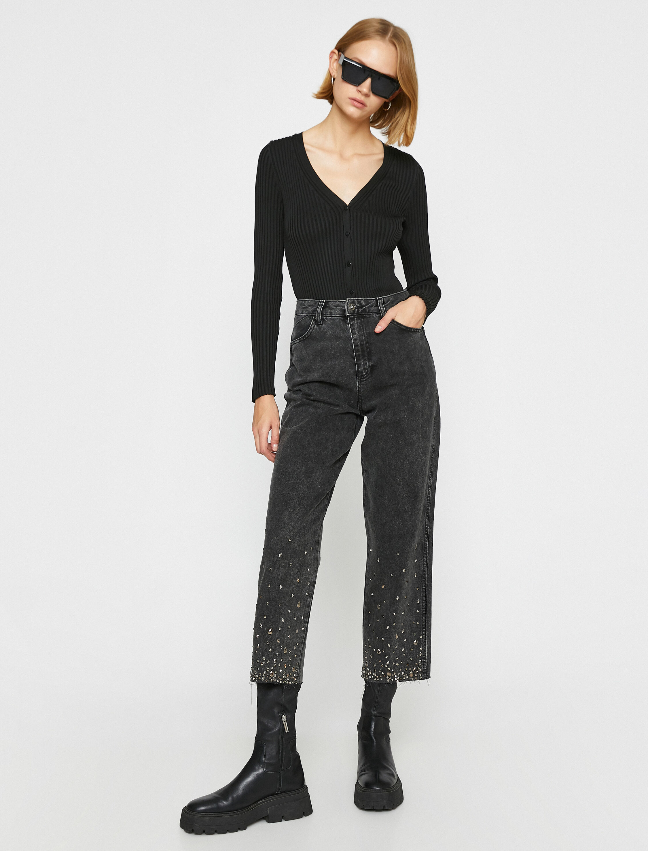   Taşlı Kot Pantolon Düz Paça