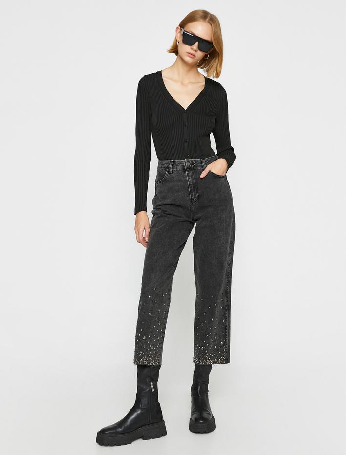  Taşlı Kot Pantolon Düz Paça