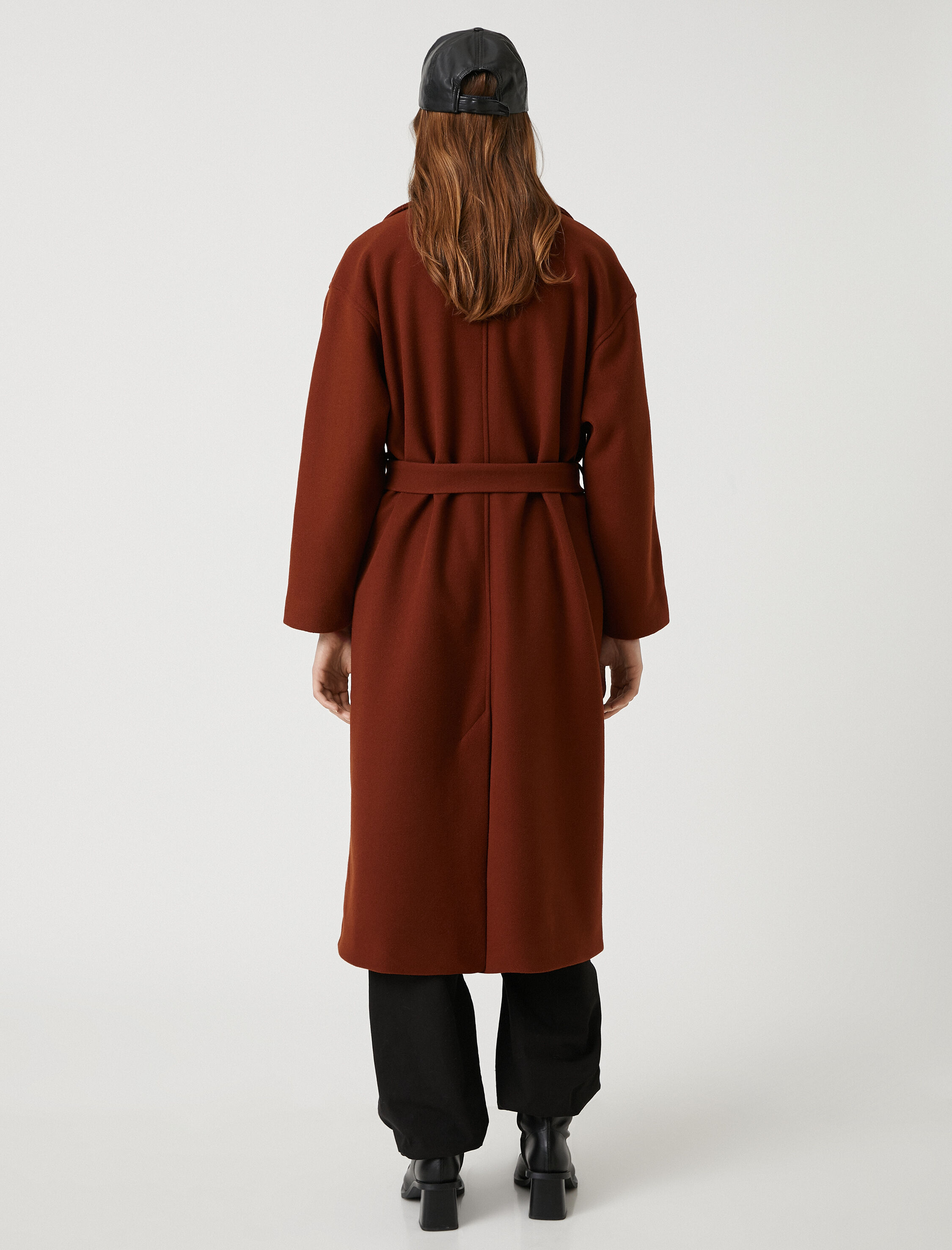   Oversize Kaşe Kaban Cepli Düğmeli Kuşaklı