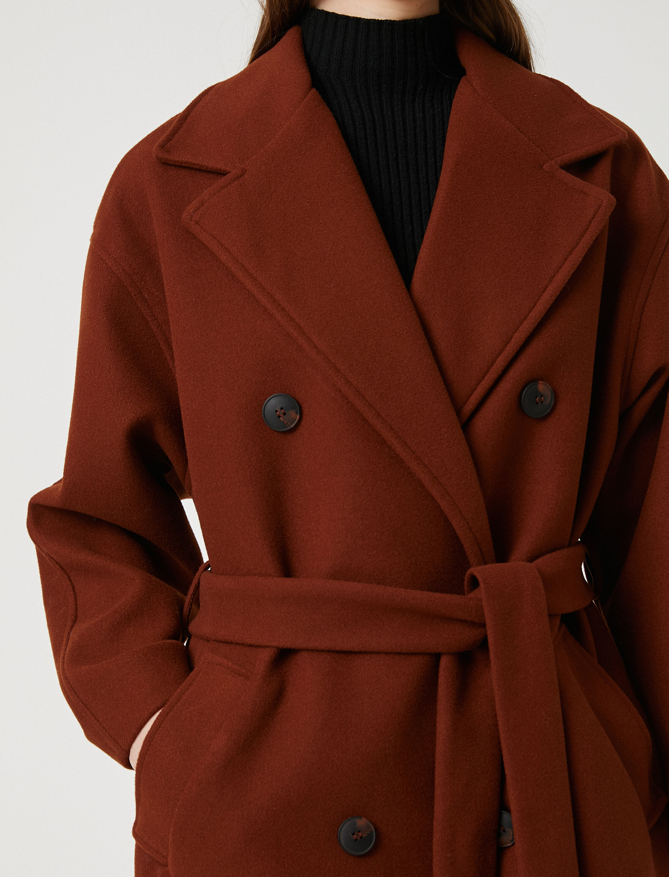   Oversize Kaşe Kaban Cepli Düğmeli Kuşaklı